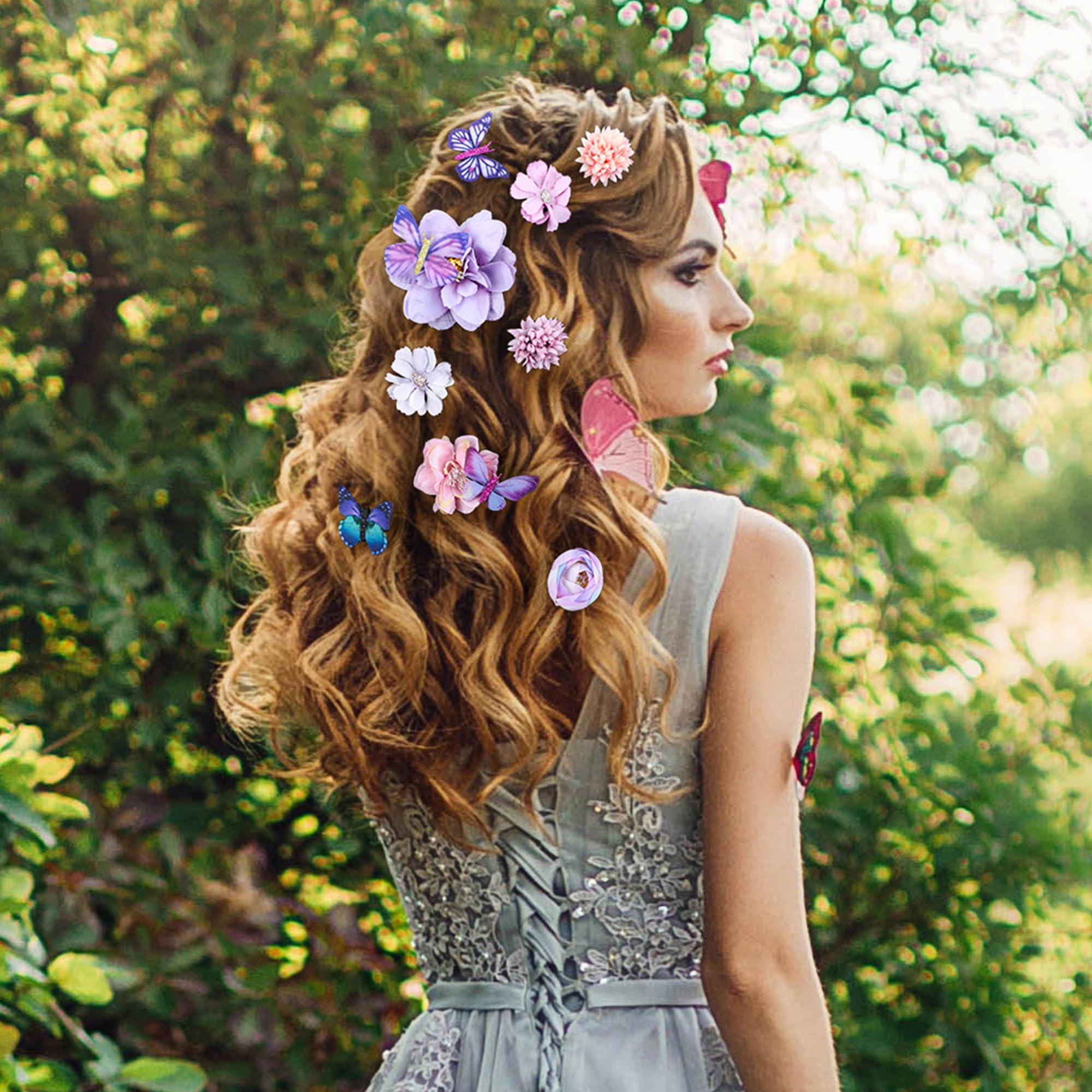 33Pcs Handmade Rose Flower Hair Clips with Butterfly Barrettes - Blue & Purple Wedding Bridal Hair Accessories for Women & Girls | Perfect for Weddings, Parties & Everyday Styling