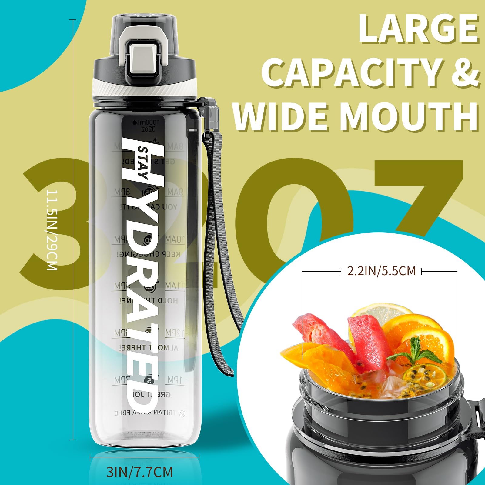 32 oz Motivational Water Bottle with Time Marker - BPA Free Tritan Sports Water Bottle, Leakproof Wide Mouth with Drink Reminder & Strap - Perfect for Gym, Fitness, Hiking & Outdoor Activities - Great Christmas Gift