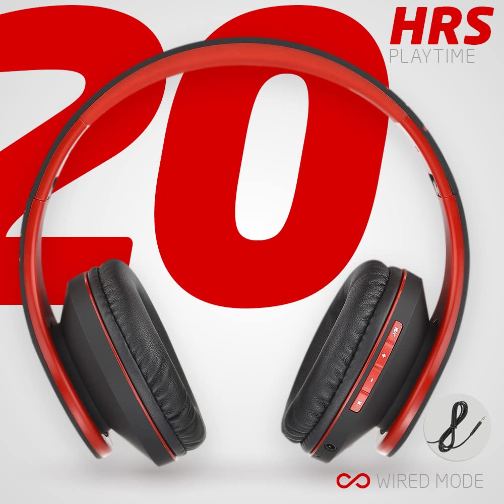 PowerLocus Bluetooth Over-Ear Headphones - Wireless & Wired Stereo Headset with Built-in Mic, Foldable Design, Micro SD/TF & FM Radio - Compatible with iPhone, Samsung, iPad, PC (Black/Red) - Perfect for Travel, Workouts & Home Entertainment