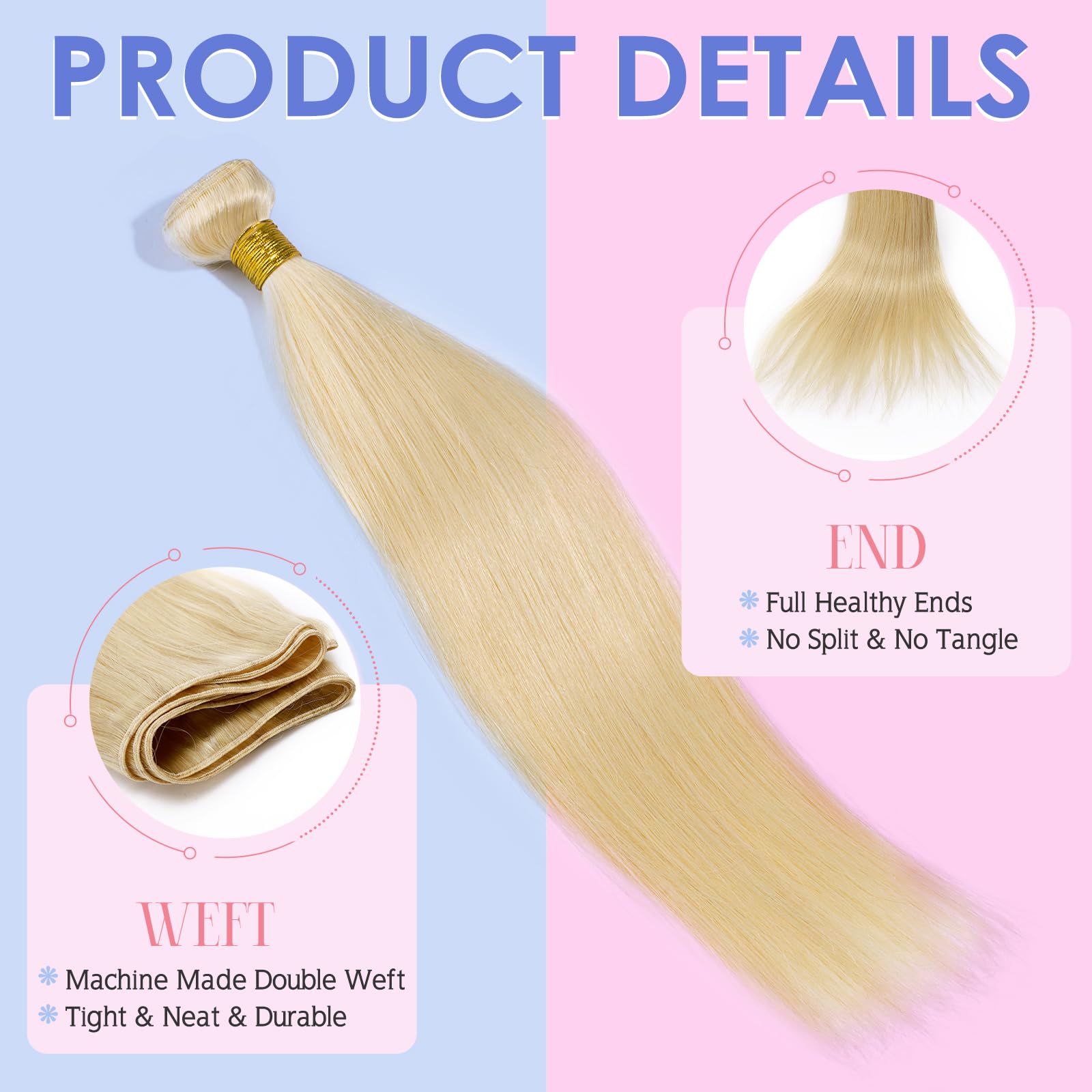Elailite 100% Real Human Hair Weave Bundles - #613 Bleach Blonde Straight Hair Extensions (18 Inch, 100g) for Stunning Blonde Looks - Perfect for Daily Wear, Parties & Special Occasions