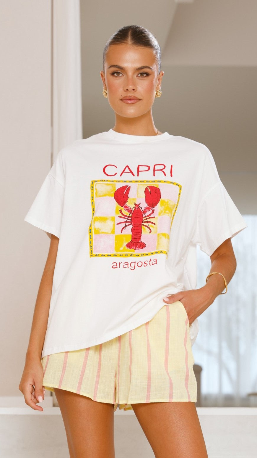 Women's Capri Top and Shorts Set - White & Yellow Outfit for Summer, Beach, Yoga, and Casual Wear