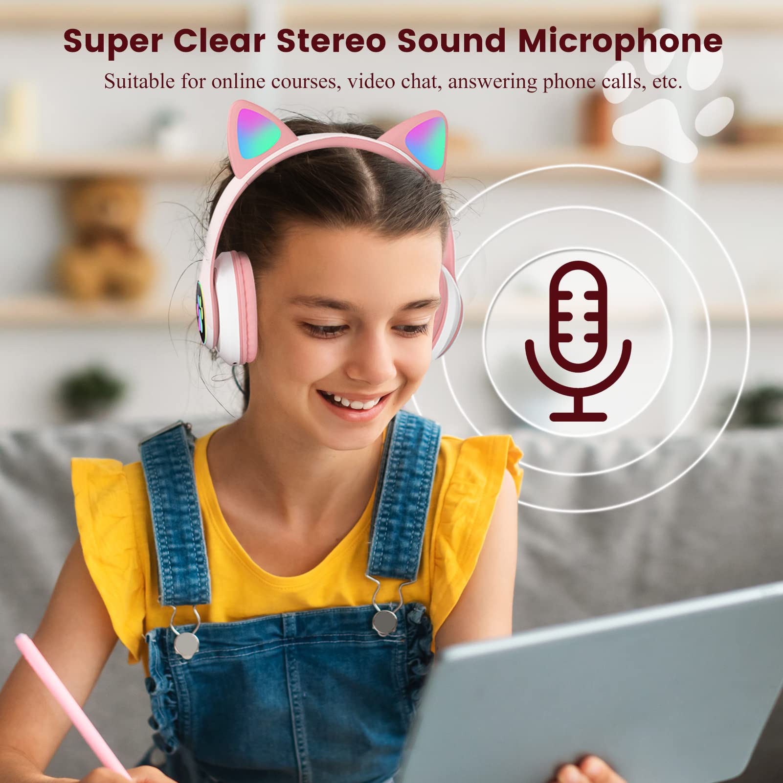 Best Wireless Kids Headphones with Microphone - Bluetooth Cat Ear Headphones for School, Girls & Boys (Pink) - Perfect for Online Learning, Travel & Entertainment