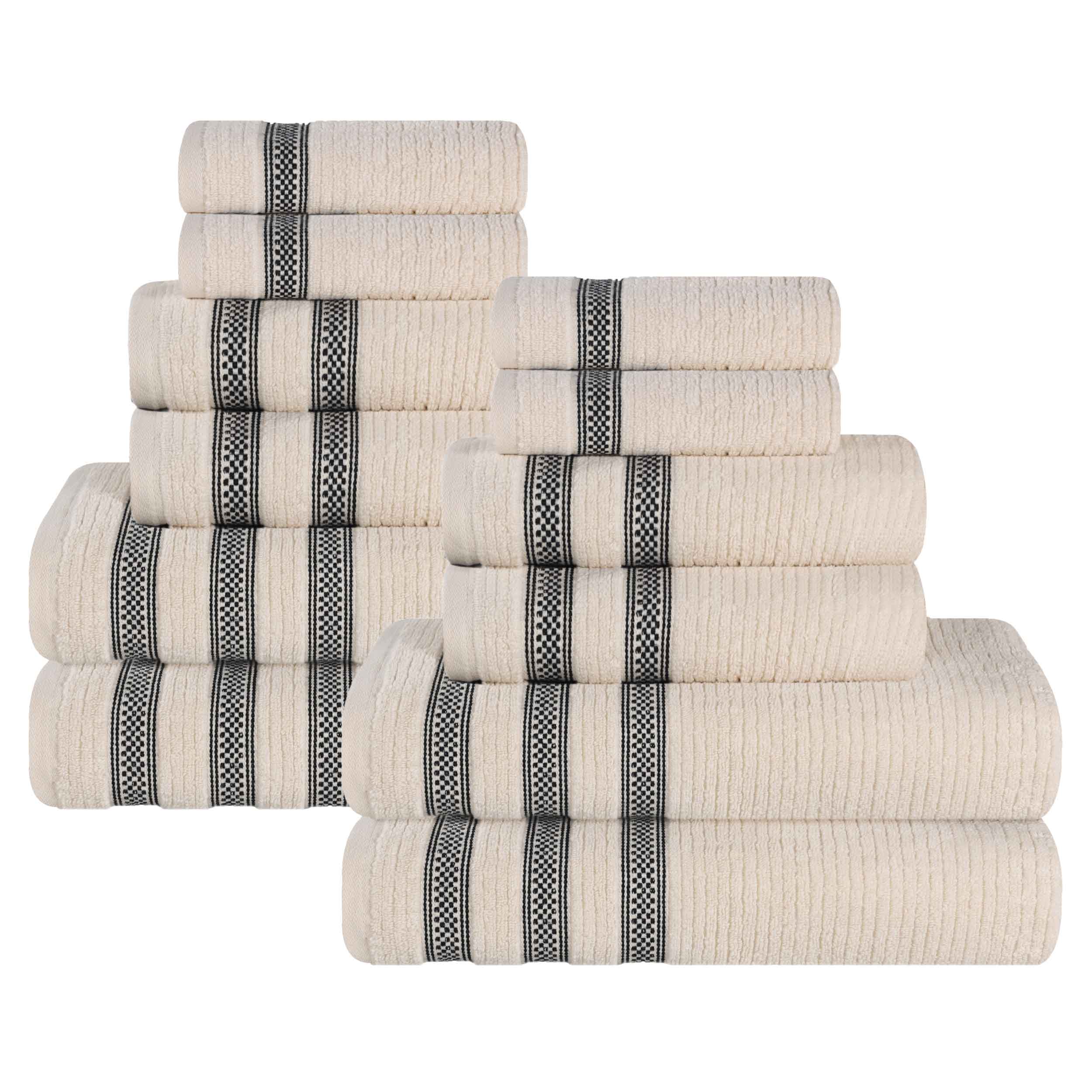 12-Piece Zero Twist Cotton Ribbed Geometric Border Plush Towel Set | Ultra Soft & Absorbent Bath, Beach & Gym Towels for Home & Travel