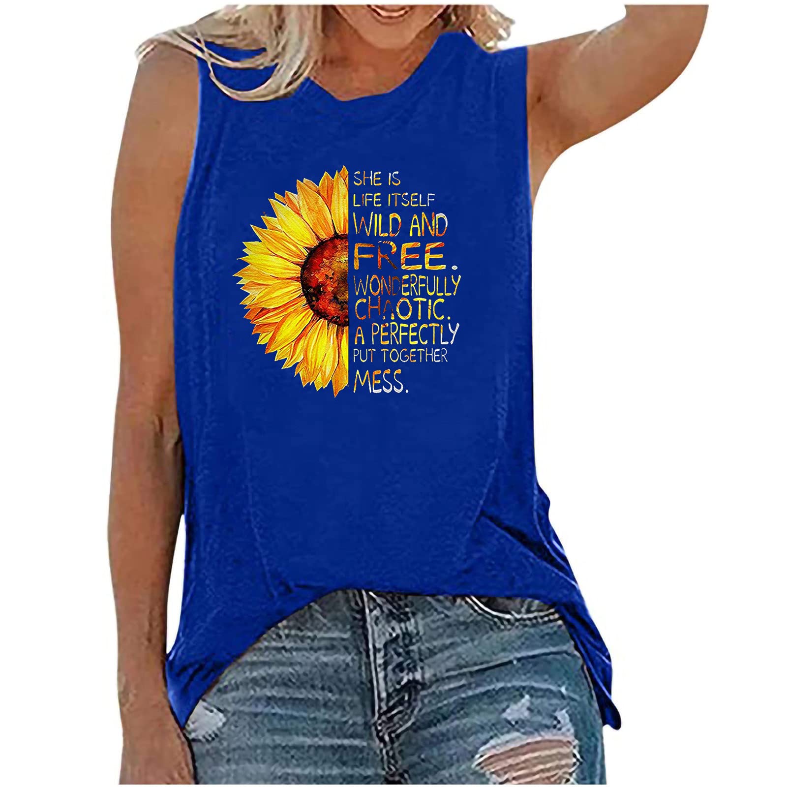 Sunflower Print Plus Size Women's Tank Tops - Comfortable Work & Summer Blouses, Breathable Workout Tops for Casual & Office Wear