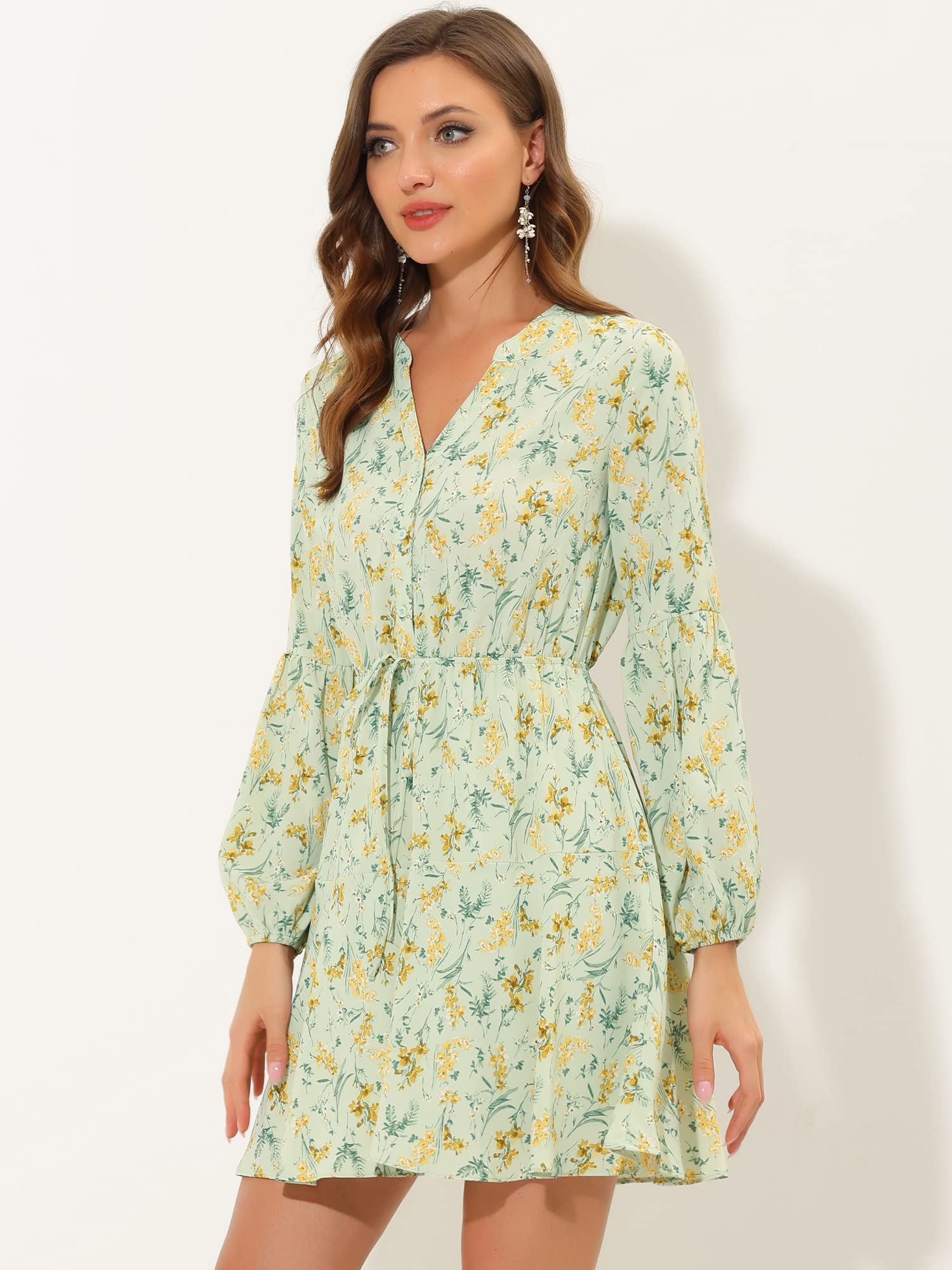 Allegra K Women's Vintage Floral Dress with Button Front & Tie Waist - Long Sleeve Flowy Maxi Dress for Casual Outings, Date Nights & Spring Weddings