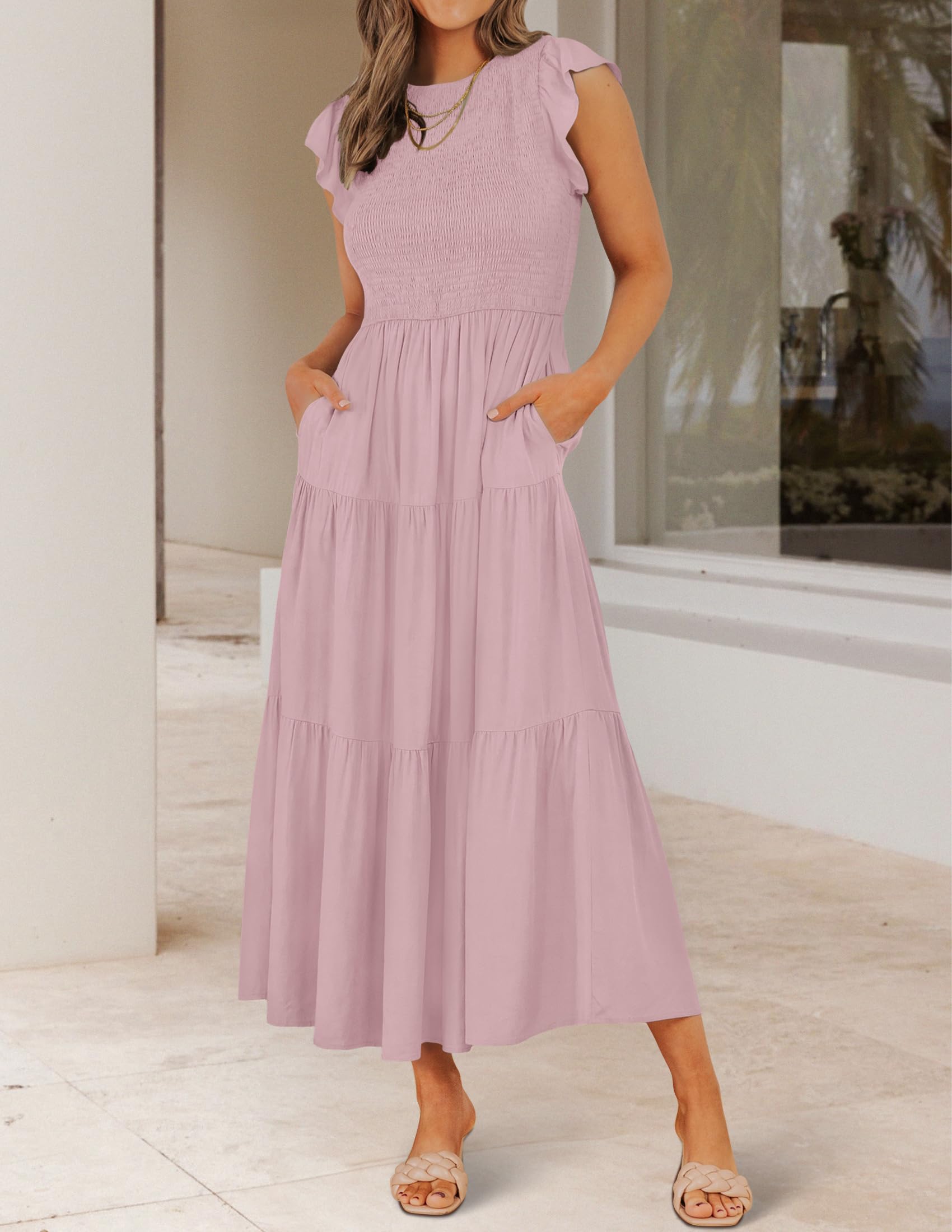 ZESICA Women's Summer Flutter Short Sleeve Smocked Waist Tiered Midi Dress - Casual Crew Neck Elastic Waist Flowy Dress for Beach, Vacation & Everyday Wear
