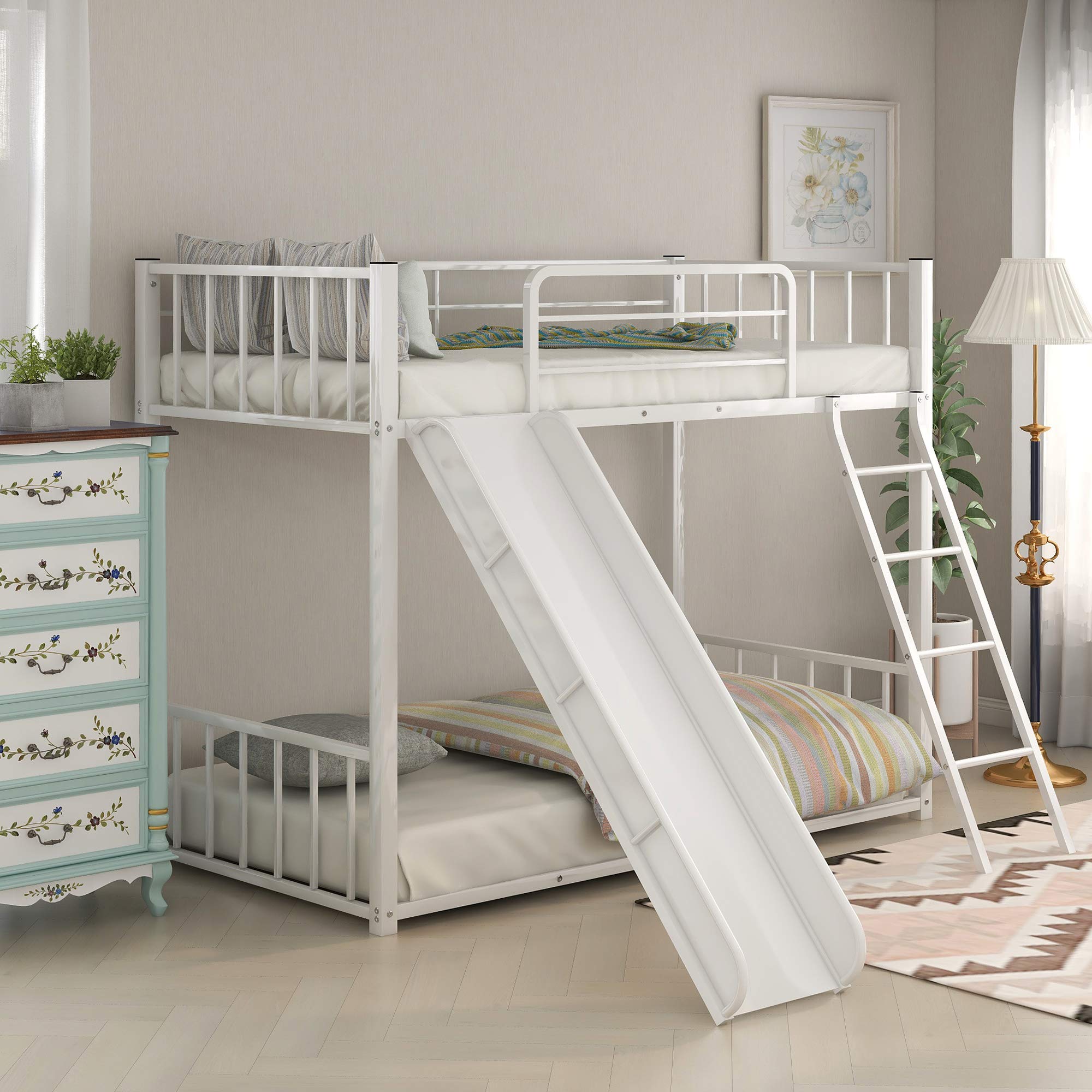 KLMM Heavy Duty Metal Bunk Bed with Slide & Safety Guard Rails - Twin Size Kids/Teens Bed Frame with Inclined Ladder - Perfect for Small Bedrooms, Shared Kids Rooms & Sleepovers