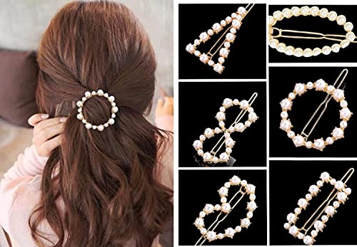 Korean Style Gold Metal Pearl Geometric Stone Lock Hair Clips - 6 PCS Elegant Hair Accessories for Women & Girls | Perfect for Weddings, Parties & Daily Styling