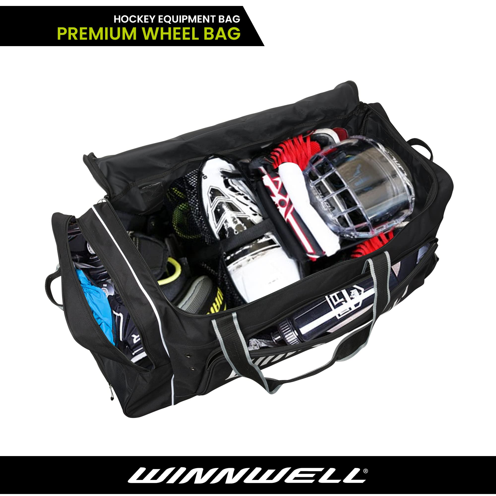 Winnwell Premium Hockey Wheel Bag with Telescopic Handle - Heavy Duty Oversized Roller Gear Bag for Ice Hockey Equipment - Perfect for Travel, Tournaments & Rink Storage