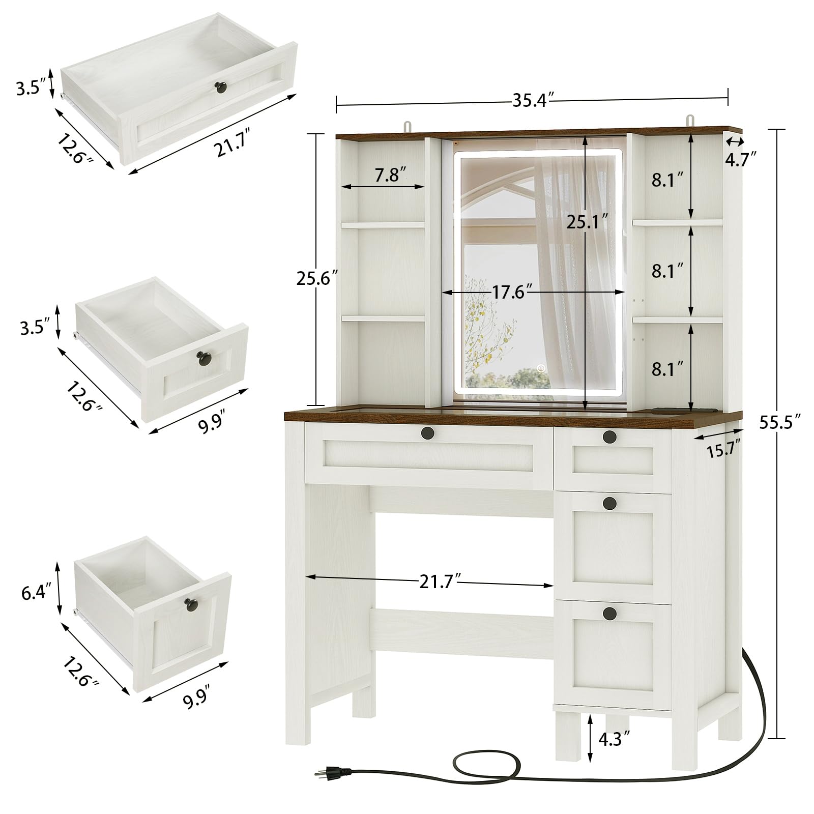 Antique White Vanity Desk with Mirror, Lights & Power Outlet - Makeup Vanity Set with Glass Tabletop, 4 Drawers & 6 Shelves - Perfect for Bedroom, Dressing Room & Beauty Salon Organization