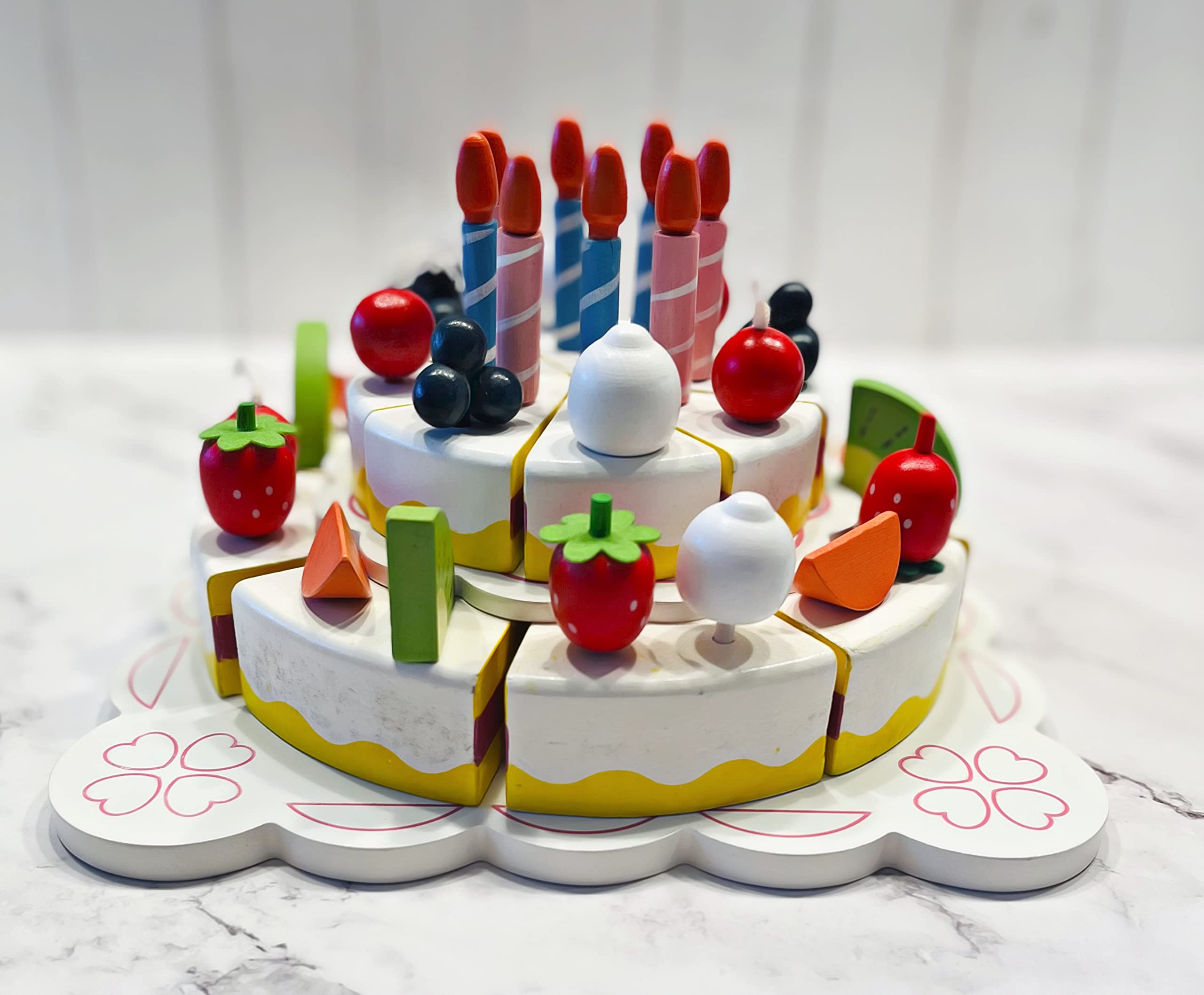 2 Tier Fake Wood Birthday Cake Set - White Decorative Cake with Fruit & Candles for Wedding, Baby Shower & Party Decorations