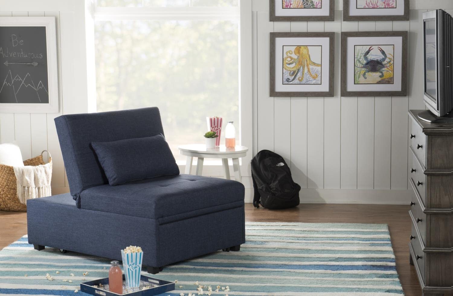 Powell Furniture Linon Boone Blue Upholstered Convertible Sofa Bed - Comfortable Sleeper Sofa for Small Spaces, Guest Rooms & Apartments