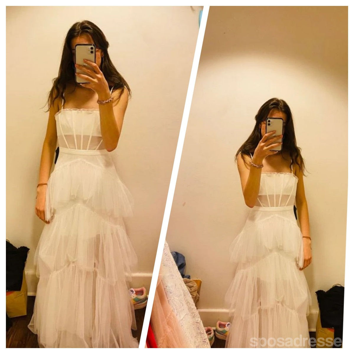 Elegant White A-Line Spaghetti Strap Maxi Long Party Prom Evening Dress 13461 | Formal Gown for Homecoming, Wedding, Ball, and Special Occasions