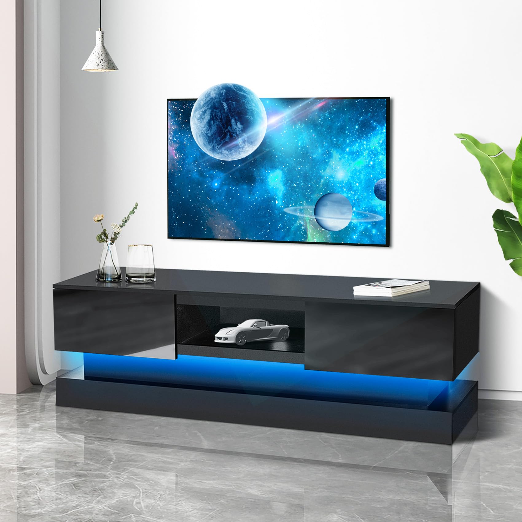 Modern Black LED TV Stand with 2 Drawers & Open Shelf - High Gloss Entertainment Center for 60/65/70 Inch TVs - Living Room & Bedroom Media Console with Built-in LED Lights for Stylish Home Decor