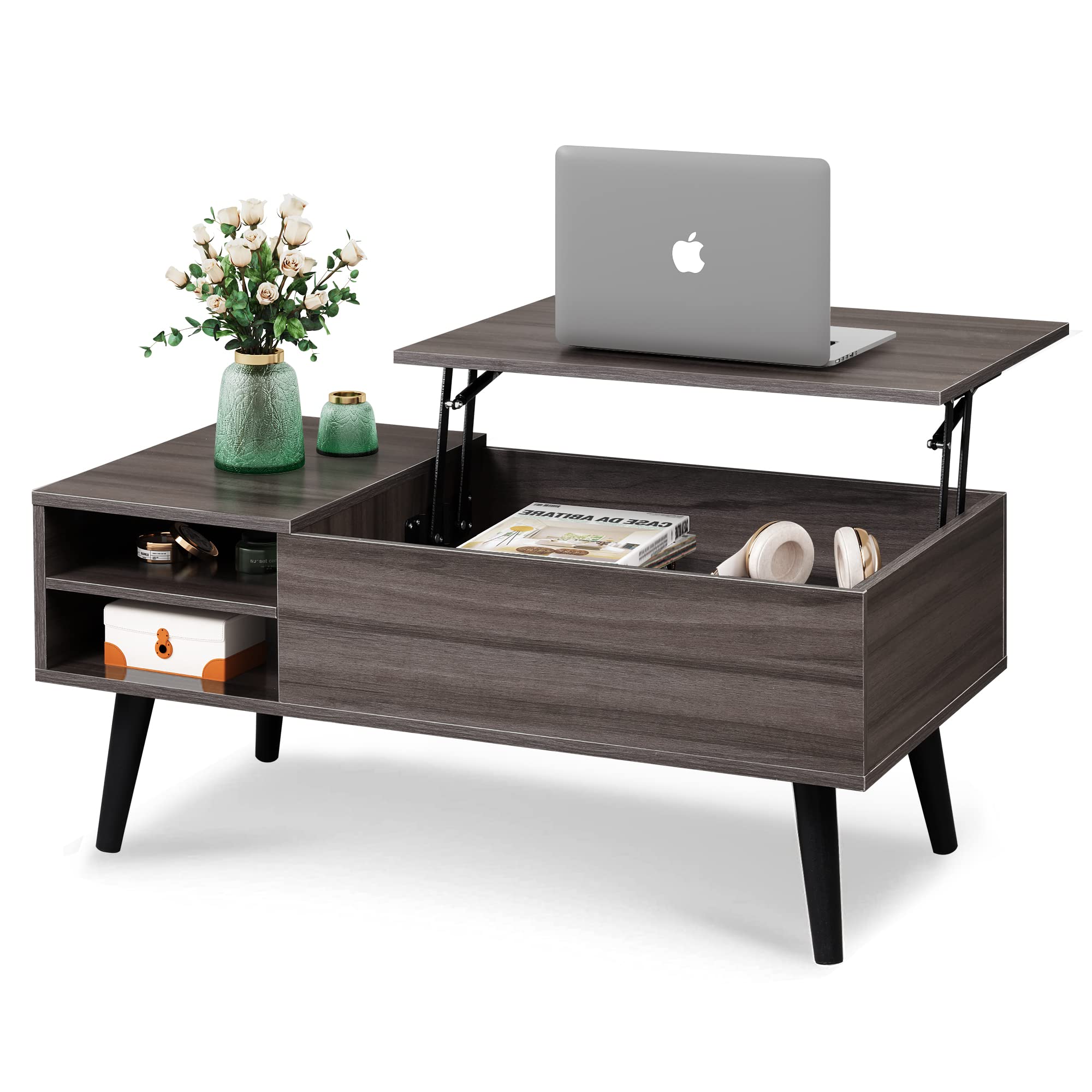 WLIVE Lift Top Coffee Table with Storage - Modern Mid Century Wooden Side Table with Hidden Compartment & Adjustable Shelf for Living Room, Bedroom, Office - Grey Home Decor Furniture