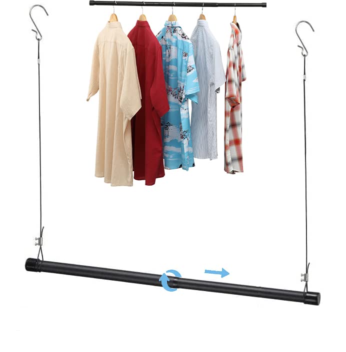 Adjustable Closet Rod Organizer - 15 to 50 Inch Extendable Tension Hanging Rod for Clothes, Space-Saving Garment Rack (Black) - Perfect for Small Closets, Dorm Rooms & Apartment Storage