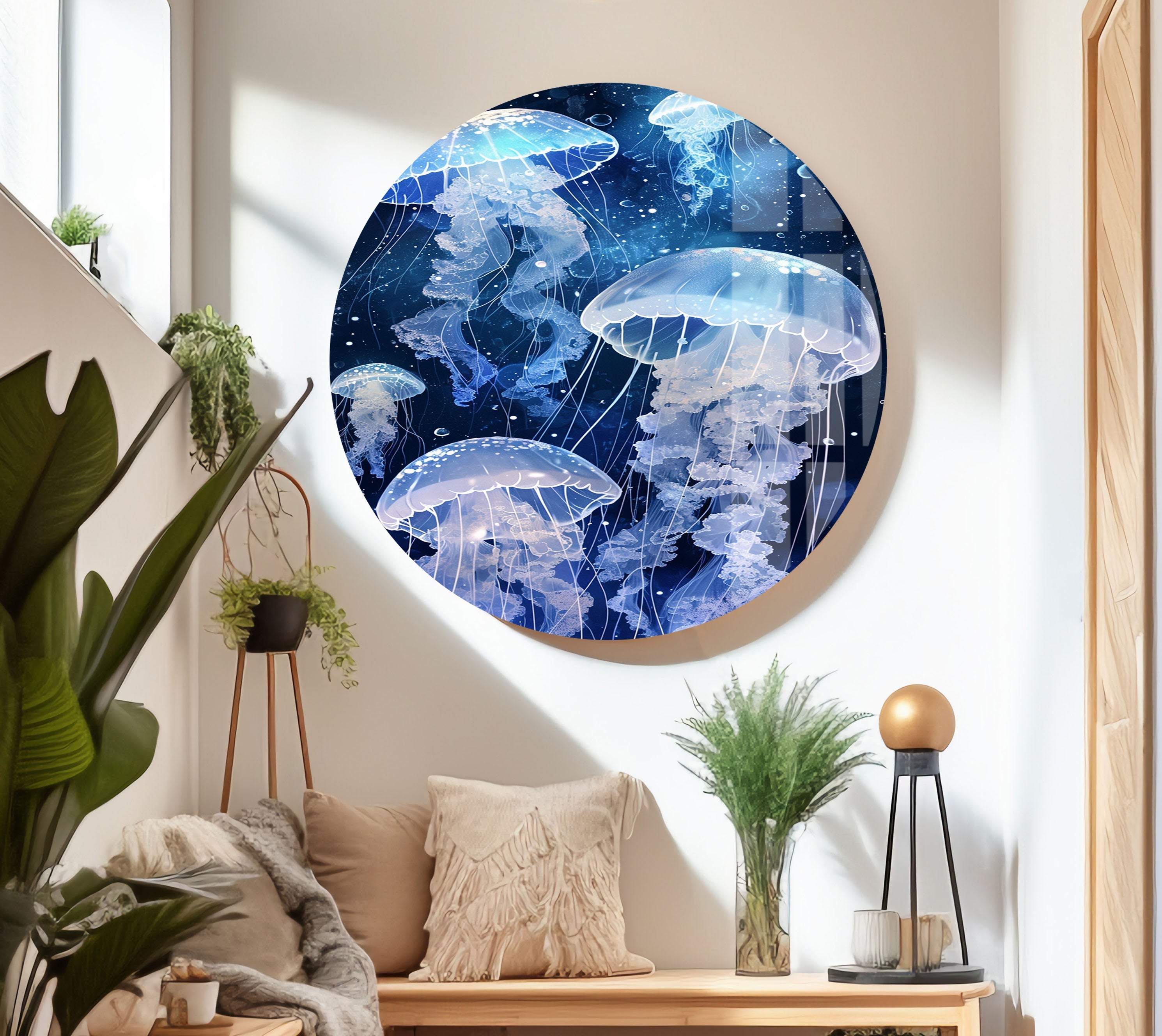 Arctic Jellyfish Glass Wall Art - Handmade Ocean-Themed Home Decor for Living Room, Bedroom & Office - Unique Sea Creature Wall Hanging for Coastal & Modern Interior Design