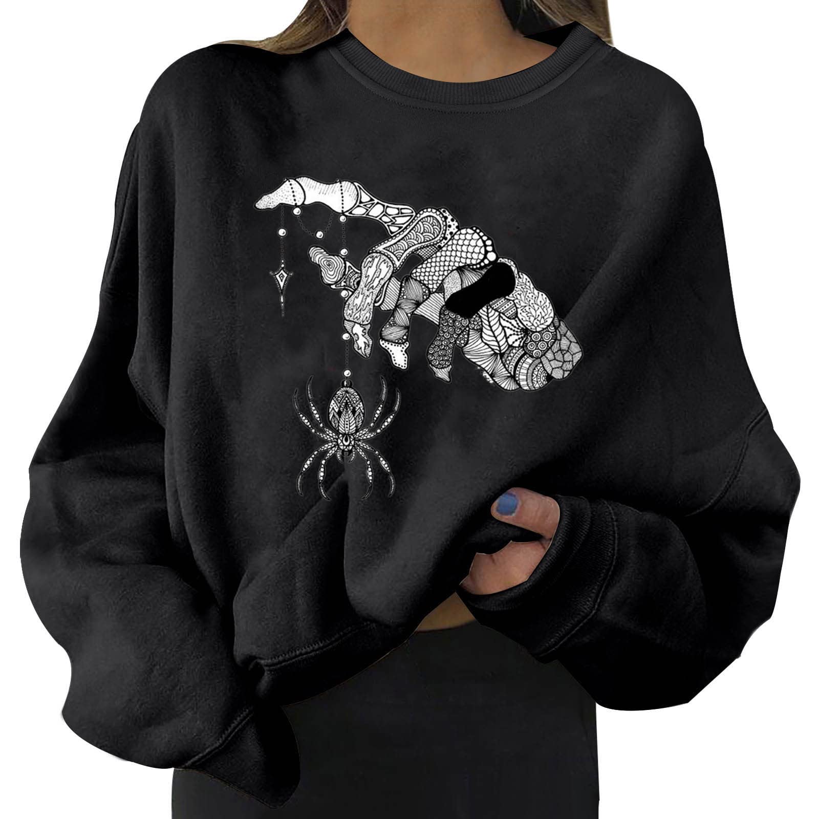 Women's Black Crop Top Sweatshirt - Halloween & Casual Crewneck Long Sleeve Distressed Shirt for Streetwear, Party & Everyday Outfits