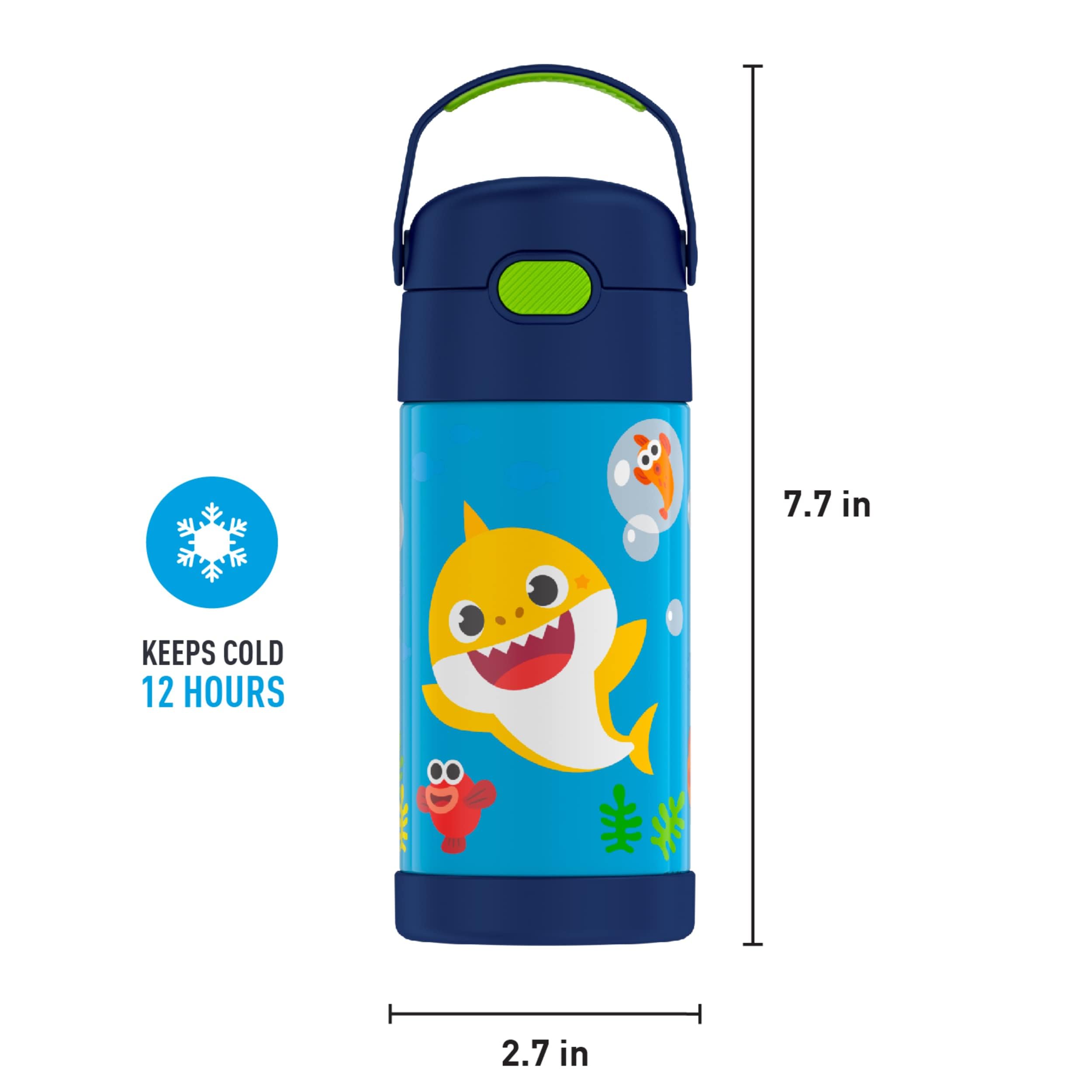 Thermos Funtainer 12oz Kids Stainless Steel Water Bottle with Straw & Lid - Vacuum Insulated, Leakproof, Baby Shark Design - Perfect for School, Travel & Outdoor Activities