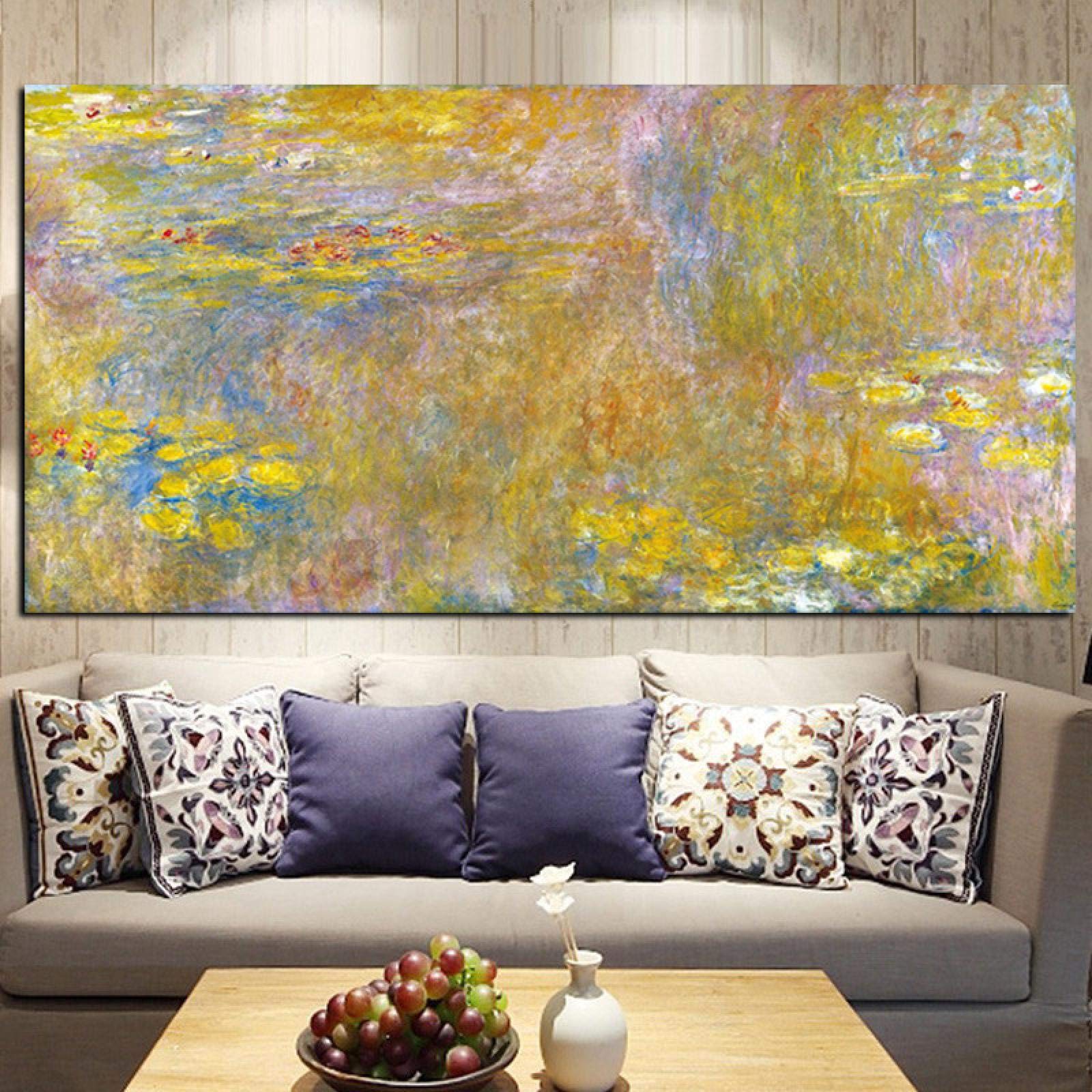 Claude Monet Gold Lotus Oil Painting on Canvas - Impressionist Landscape Wall Art Poster & Print 55x110cm (22x43in) With Frame - Perfect for Living Room, Bedroom & Office Decor