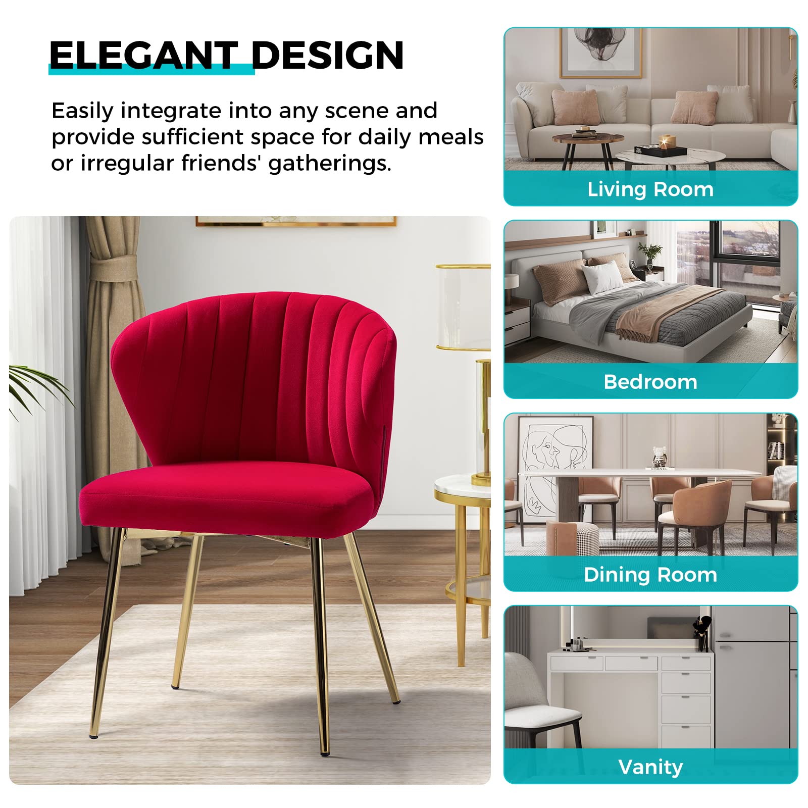 TINA'S HOME Modern Velvet Dining Chairs - Gold Metal Leg Accent Chairs with Tufted Back, Upholstered Side Chairs for Living Room, Kitchen, Vanity & Patio | Elegant Home Decor for Small Spaces (Red)