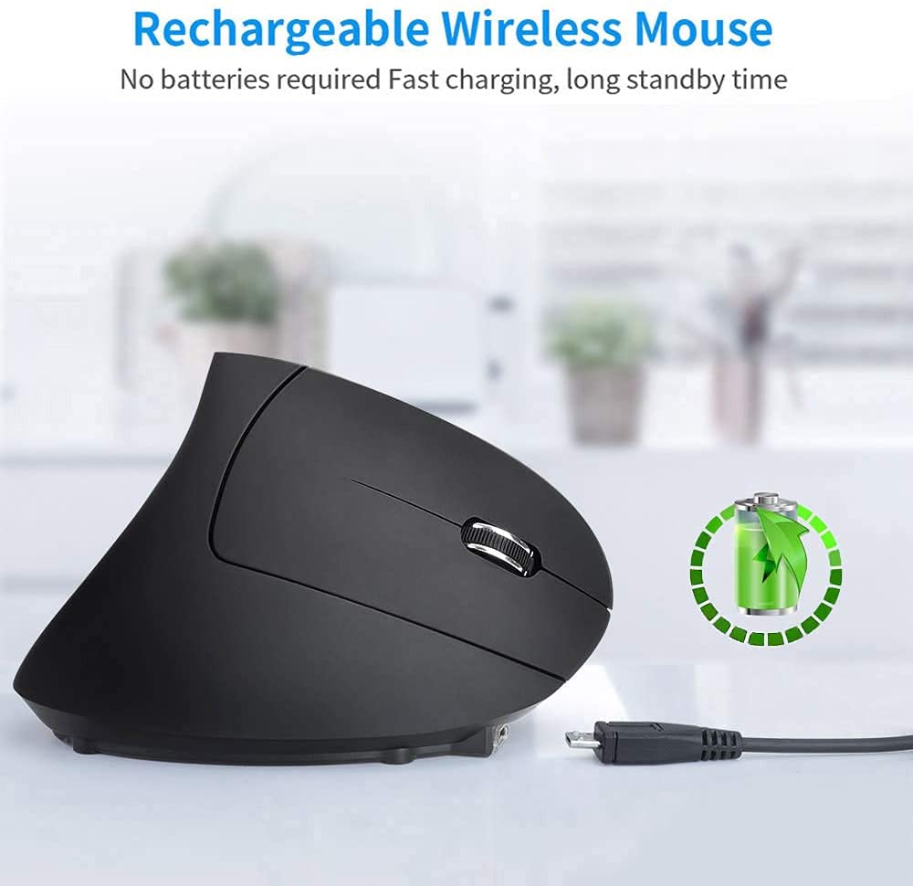 Rechargeable Wireless Vertical Mouse - 2.4G Ergonomic Optical Mouse with 3 Adjustable DPI (800/1200/1600) for Big Hands - Perfect for Office Work, Gaming & Carpal Tunnel Relief