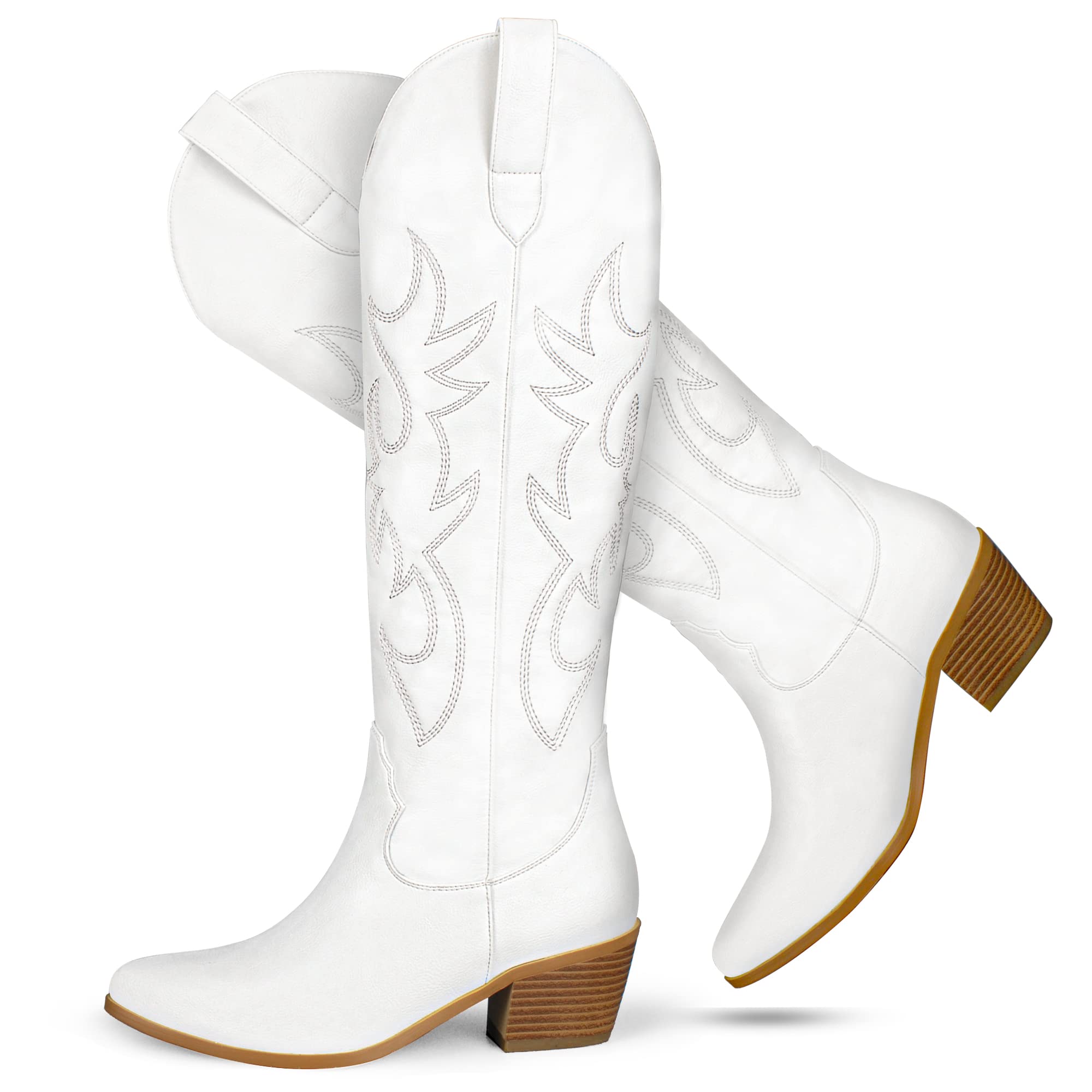 STALOV Women's Western Cowboy Boots - Pointed Toe, Chunky Heel, Knee High Pull-On Embroidered Cowgirl Boots for Fashion & Country Style | Perfect for Rodeo, Line Dancing & Western Outfits