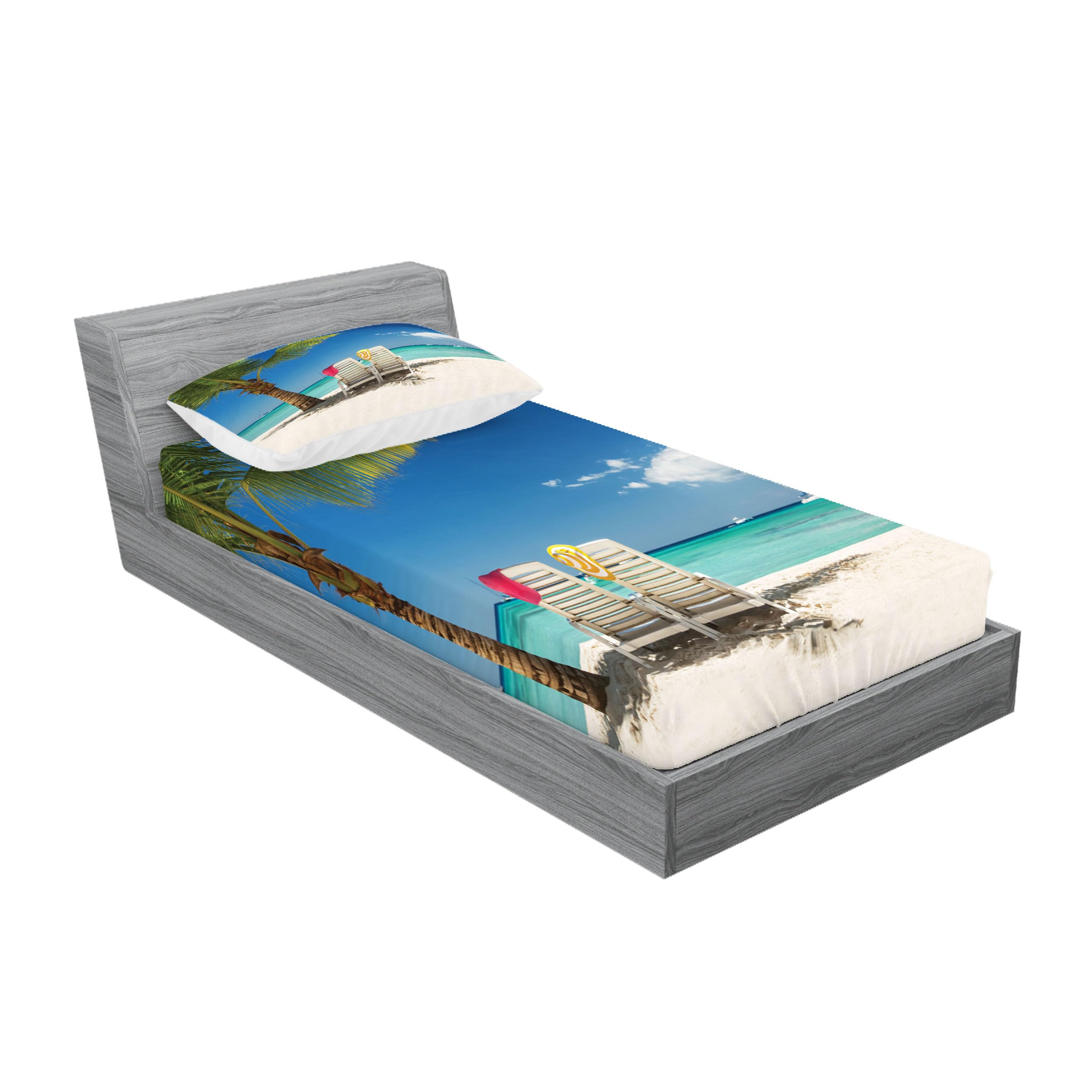 Ambesonne Seaside Fitted Sheet & Pillow Sham Set - Tropical Beach Palm Tree Chairs & Boats Panoramic Print 2-Piece Bedding Decor Set, Twin Size, Blue Green | Coastal Themed Bedroom Decor for Vacation Homes, Beach Houses & Relaxing Bedroom Retreats