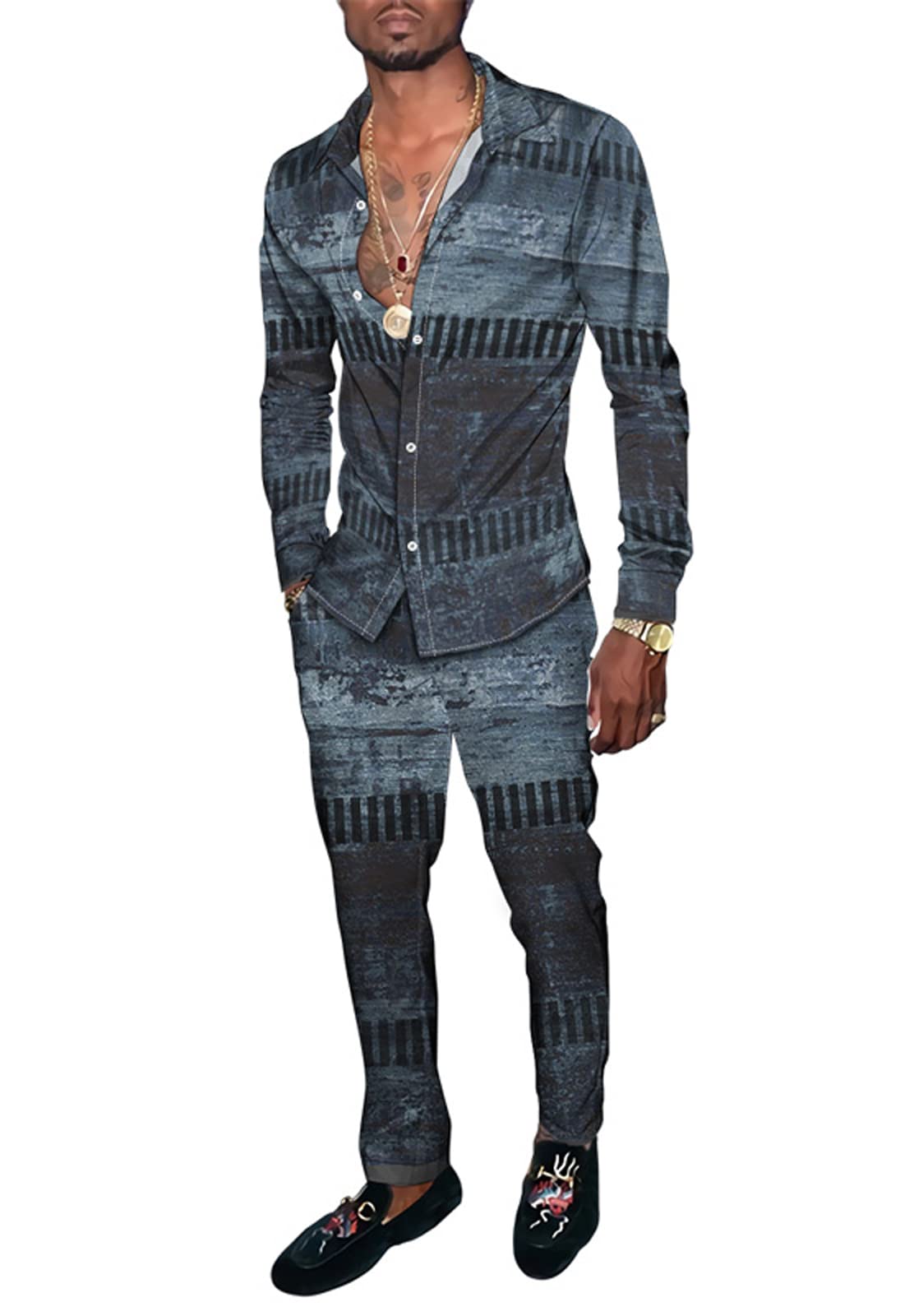 URVIP 2021 Men's 2-Piece Long Sleeve Shirt & Sweatpant Set - 3D Printed Stripe Tracksuit Outfit for Casual Wear, Gym & Street Fashion