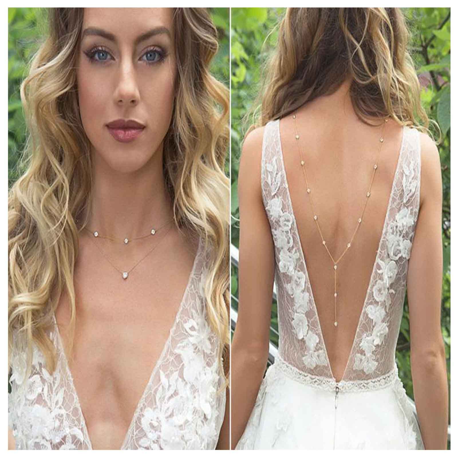 Boho Layered Rhinestone Back Necklace - Long Crystal Gold CZ Chain Necklace for Women | Vintage Body Jewelry for Summer, Beach, Parties & Special Occasions