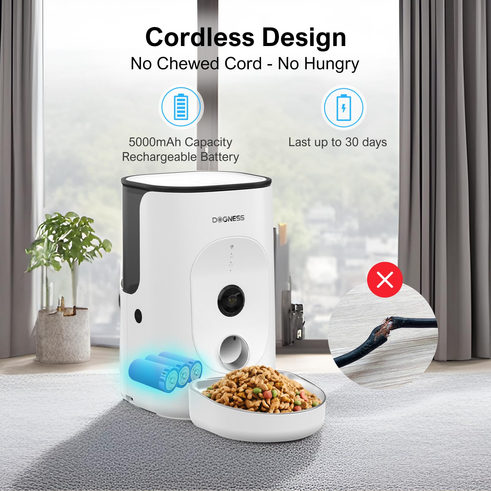 DOGNESS 4L Automatic Cat Feeder with Camera & 2-Way Audio - 5000mAh Rechargeable Pet Food Dispenser, 1080P HD Video Night Vision, 2.4G WiFi - Perfect for Busy Pet Owners, Multi-Pet Homes & Vacation Care
