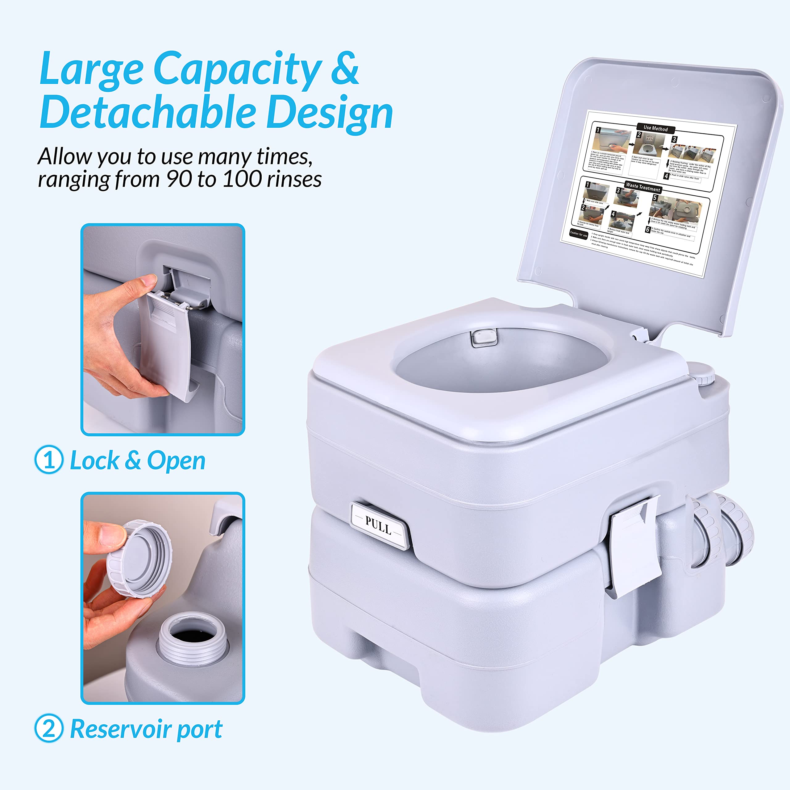 Portable Toilet for Camping & RV Travel - 5.3 Gallon Large Capacity Waste Tank with Splash-Free Dumping & Anti-Leak Water Pump - Ideal for Outdoor Adventures, Road Trips, Hiking and Emergency Preparedness