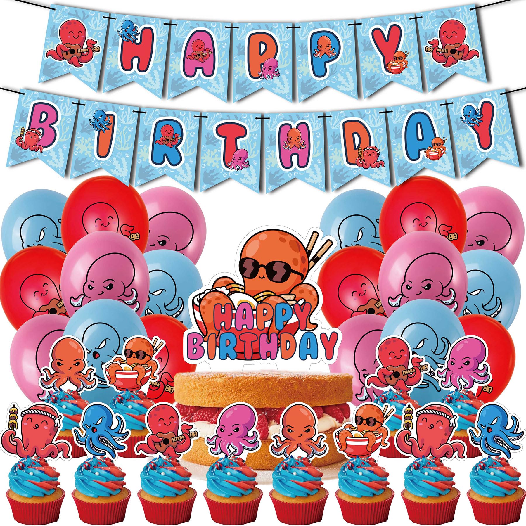 Cute Octopus Birthday Party Decorations Set - Includes Happy Birthday Banner, Balloons, Cake Topper & Cupcake Toppers for Kids' Underwater Themed Party | Perfect for Ocean Animal Cartoon Birthday Celebrations