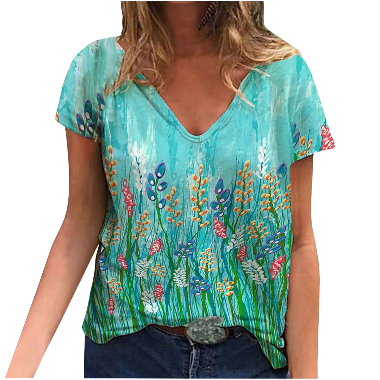 Women's Summer Floral V-Neck T-Shirt - Cute Short Sleeve Loose Blouse, Lightweight Tunic Top for Casual Wear, Beach Outfits & Summer Vacations