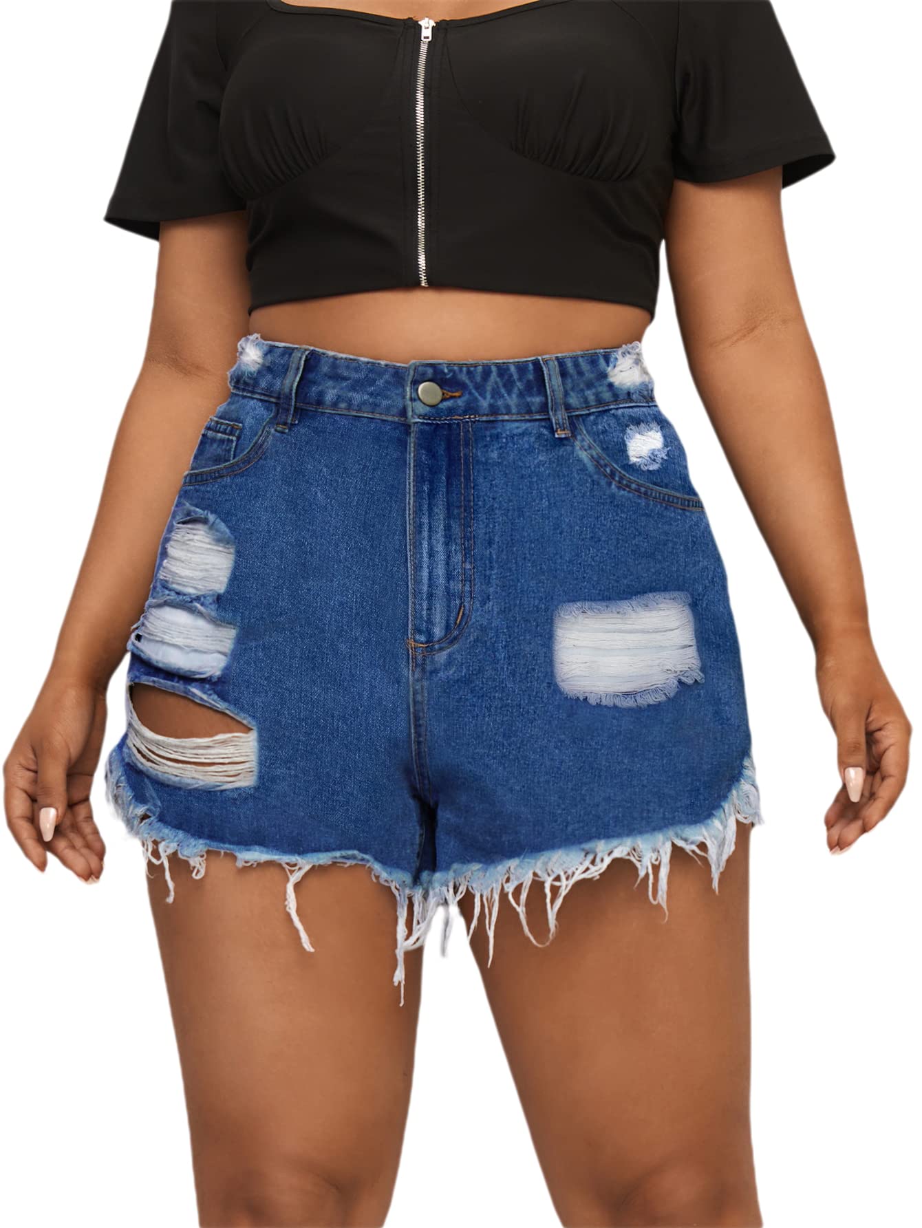 Stylish Women's Plus Size High Waisted Ripped Denim Shorts - Trendy Casual Jean Shorts for Summer Outfits & Beach Wear