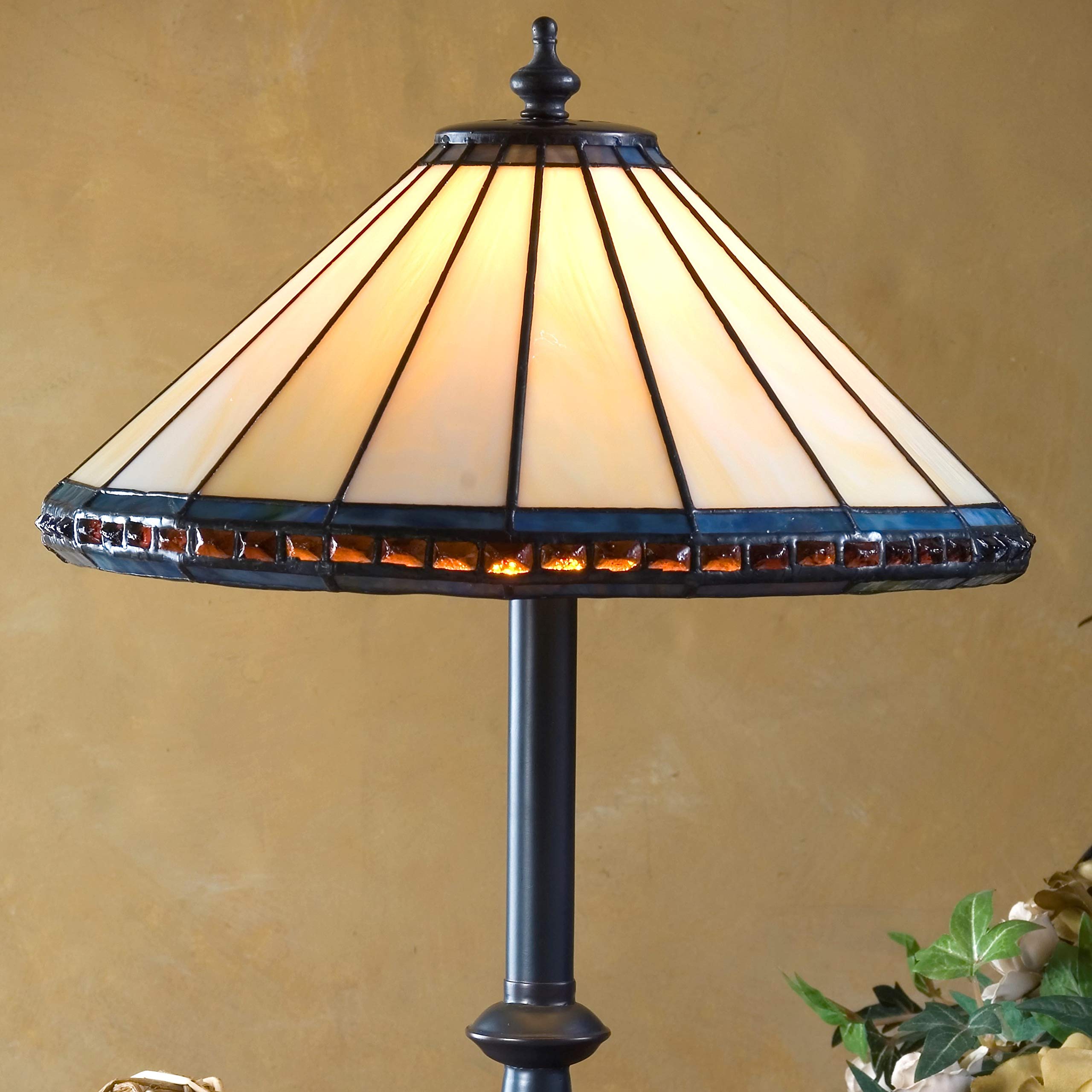 Small Tiffany Stained Glass Table Lamp - Ivory Blue Amber J Devlin Lam 646 TB for Desk, Bedroom, Nightstand & Living Room | Elegant Home Decor Accent Lighting for Reading & Relaxation