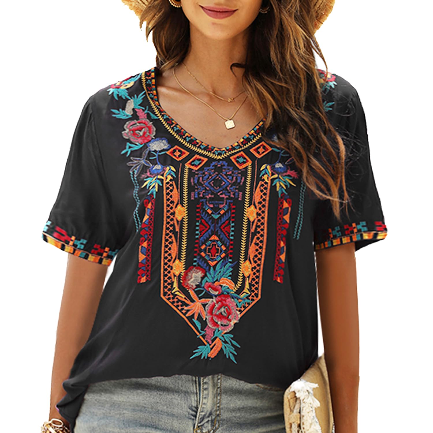 Higustar Mexican Boho Embroidered Tops for Women - Bohemian Peasant Style Summer Short Sleeve Tunic Blouses | Casual Beach Wear, Festival Outfits & Vacation Clothing