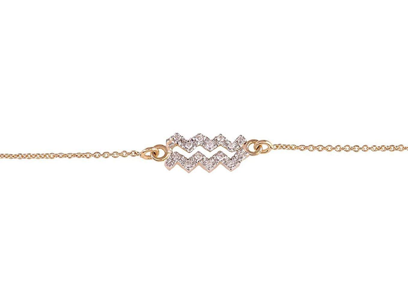 14K Solid Yellow & Rose Gold Aquarius Zodiac Charm Bracelet - Round Pave Set with White Diamonds for Women | Dainty Body Jewelry Gift for Birthday, Anniversary & Special Occasions