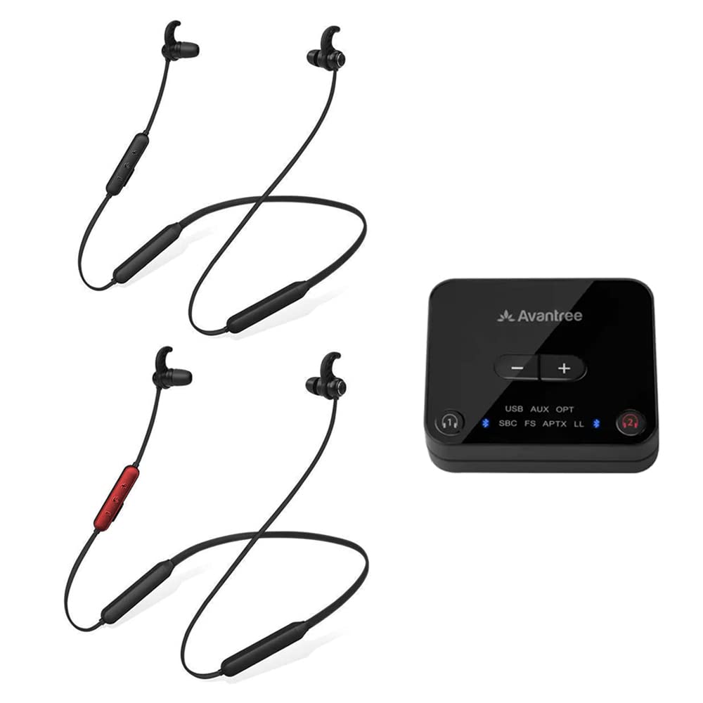 Avantree HT41866 Wireless Bluetooth Earbuds for TV - 20H Neckband Headphones with Optical/RCA/AUX Transmitter, Plug & Play, Zero Latency - Perfect for Late Night TV Watching, Gaming & Private Listening