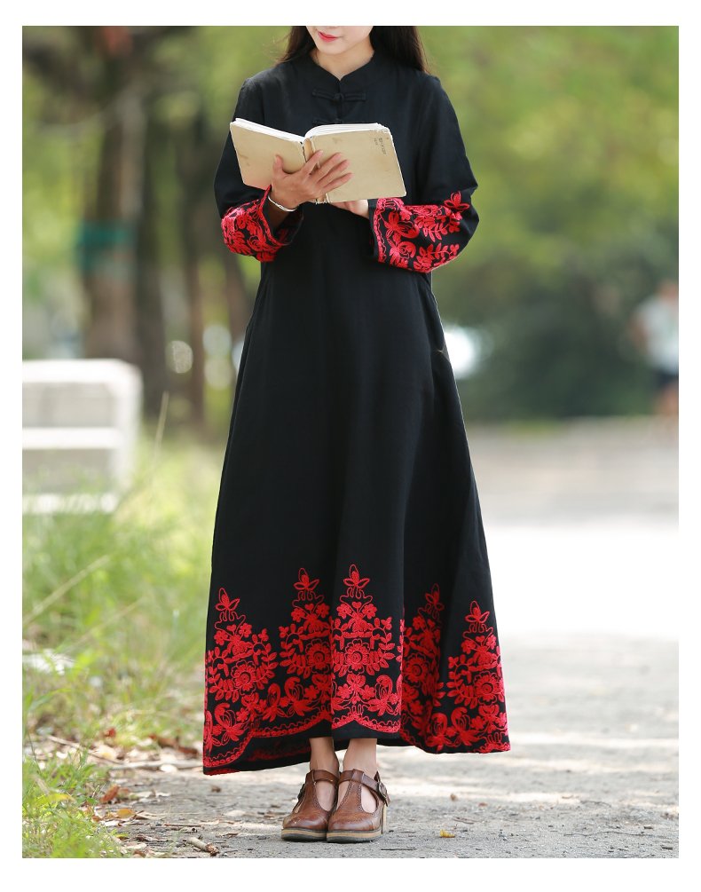 Chinese Style Floral Embroidery Women's Long Sleeve Maxi Dress - Elegant Boho Casual Dress for Spring Summer, Perfect for Weddings, Parties & Vacation Wear
