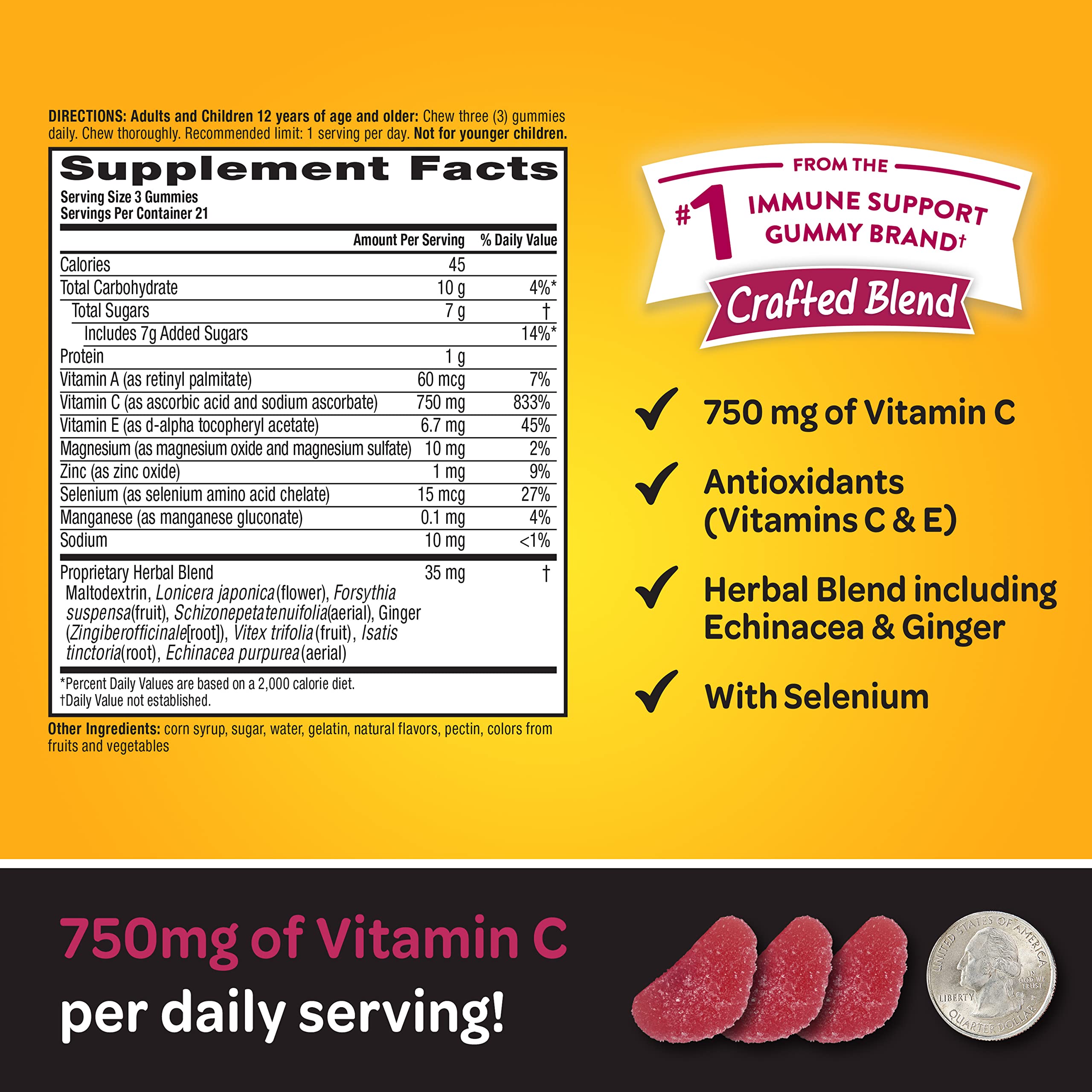 Airborne 750mg Vitamin C Gummies for Adults - Immune Support Supplement with Antioxidants Vitamins A, C & E - 63 Count Blueberry Pomegranate Flavor Gummy Vitamins - Boost Immunity & Energy for Workouts, Travel & Daily Wellness