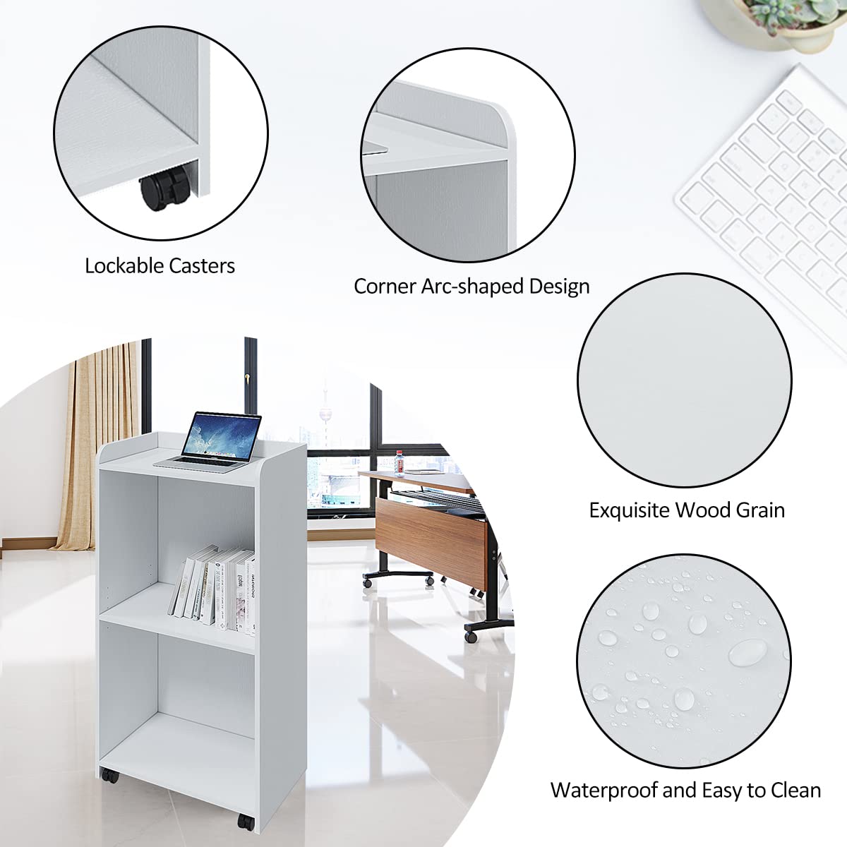 Portable Mobile Podium Stand with Wheels & Adjustable Shelf - White Hostess Stand for Church, Conference, Auditorium & Classroom | Perfect for Speeches, Presentations & Events