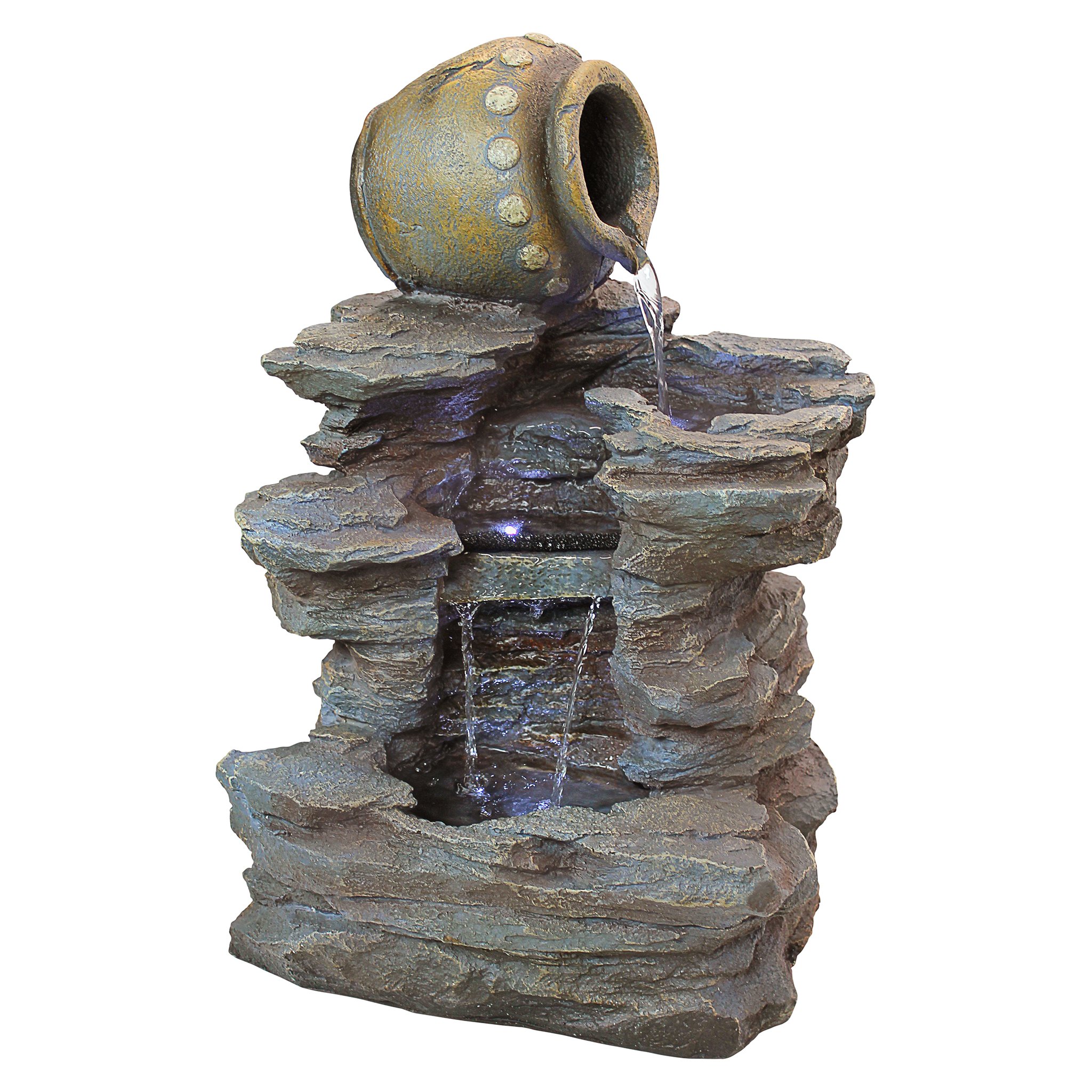LED Light Water Fountain - Spilling Jug Rock Fountain for Garden, Patio, Yard | Outdoor Decorative Water Feature with Relaxing Sounds for Meditation & Backyard Landscaping