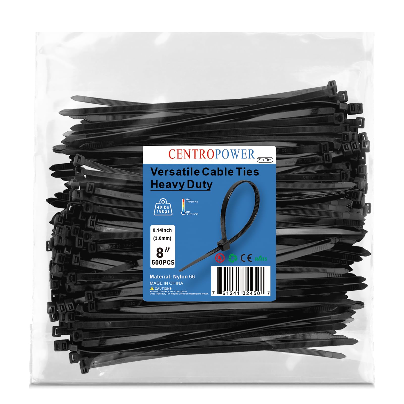 Heavy Duty 8-Inch Black Nylon Zip Ties (500 Pack) - 40 Lbs Tensile Strength, UV Resistant, Self-Locking Cable Ties for Indoor/Outdoor Use - Perfect for Home, Office, and Industrial Wire Management by CENTROPOWER