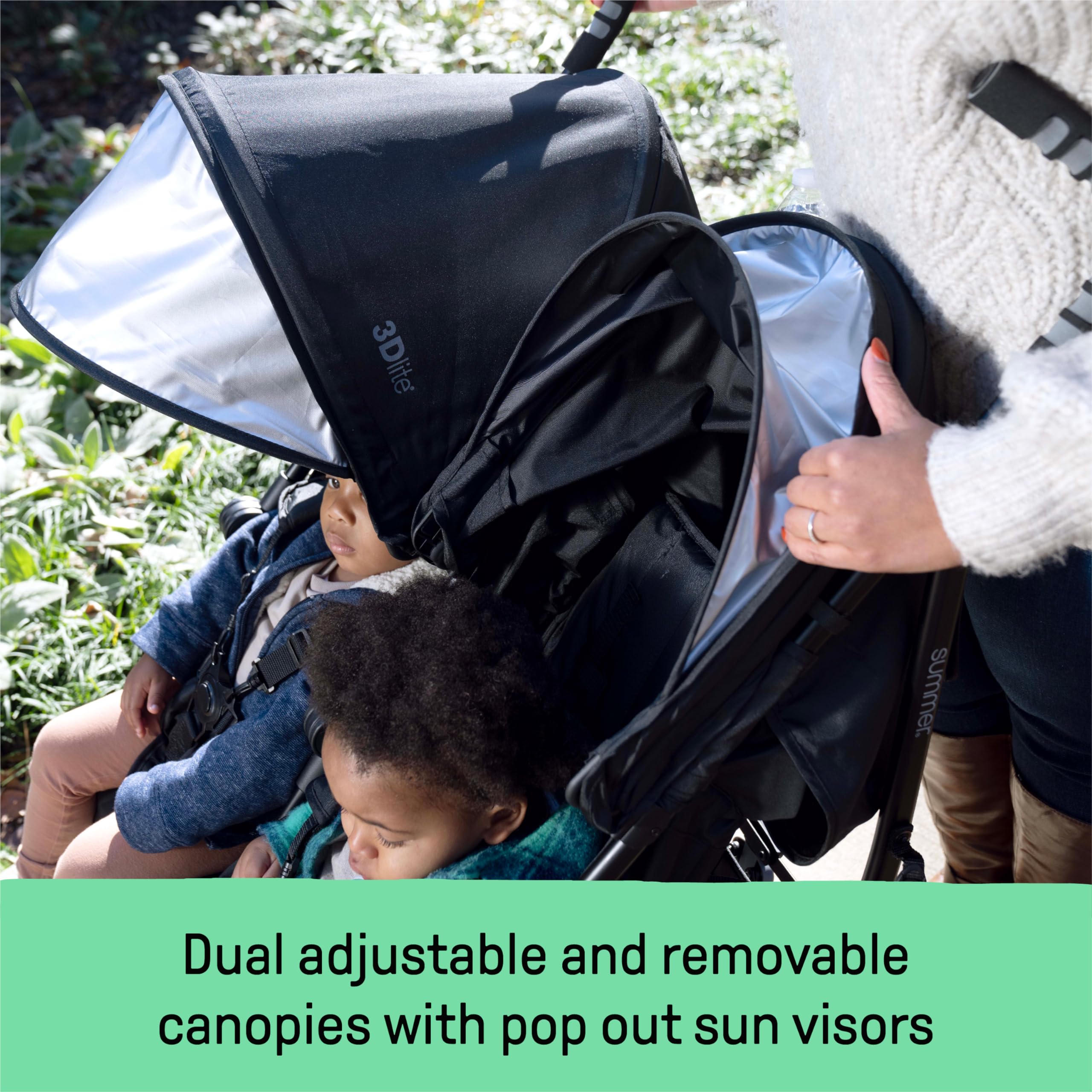 Summer Infant 3Dlite Compact Side by Side Double Stroller - Lightweight Foldable Baby Stroller with 5-Point Safety Harness for Twins or Siblings (Black) | Perfect for Travel, Shopping & Daily Walks with Two Kids
