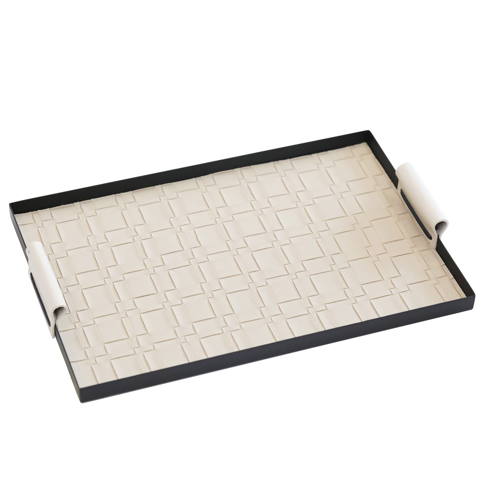 Freelove Metal Vanity Tray with PU Coating - 8''X12'' Perfume Organizer, Jewelry Holder & Makeup Dish for Dresser, Bathroom & Desk - Decorative Candle Plate & Catchall Tray in Black-Beige - Perfect for Preppy Room Decor, Gift Giving & Home Organization