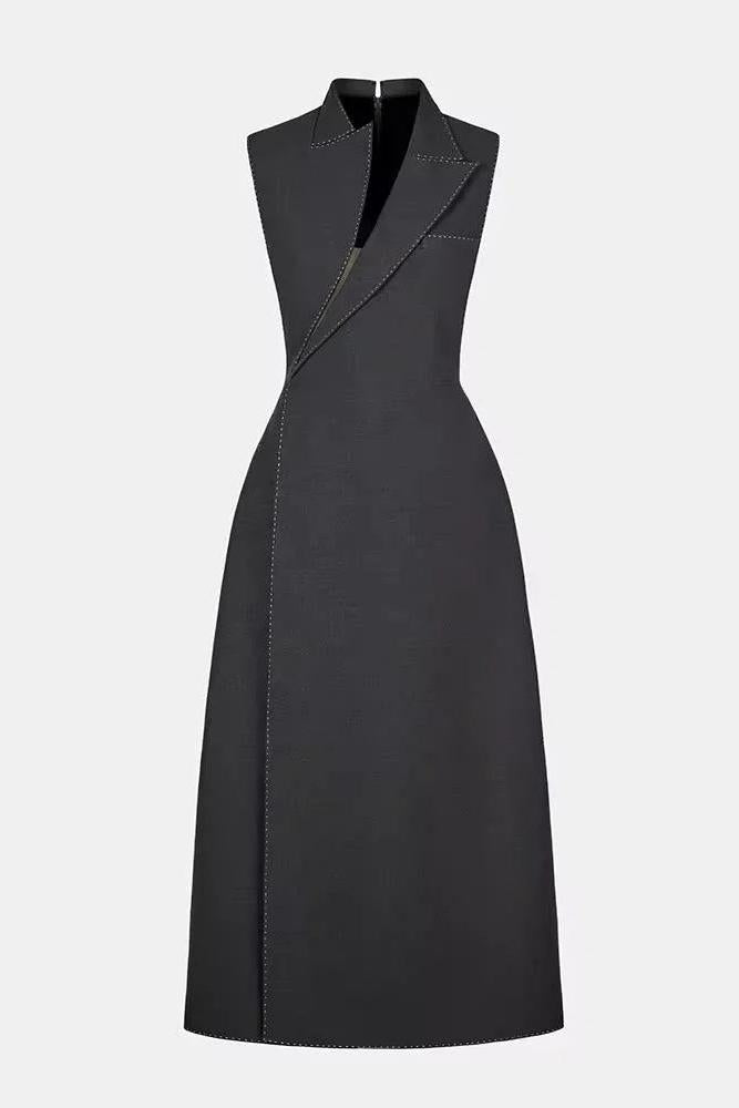 Elegant Asymmetrical Collar Blazer Midi Dress in Grey - Perfect for Office Wear, Cocktail Parties & Special Occasions