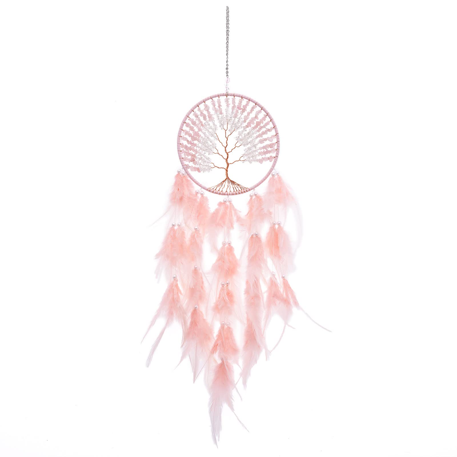 Handmade Tree of Life Dream Catcher with Healing Crystals & Feathers - Pink Bohemian Wall Hanging Decor for Bedroom, Living Room, Wedding (25.6 Inch) | Spiritual Home Decor, Housewarming Gift & Meditation Space Accent