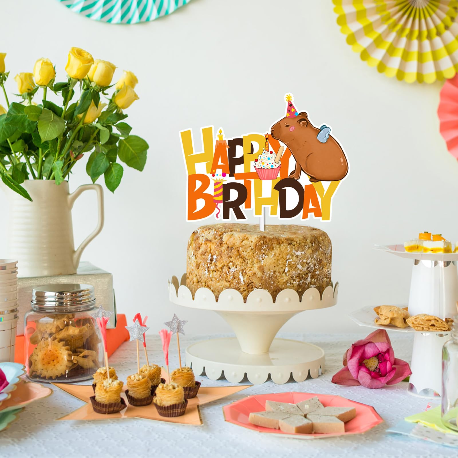 Brown Glitter Happy Birthday Cake Topper - Capybara Theme Party Decor for Baby Showers & Birthday Celebrations - Perfect for Boys, Girls and Animal Lover Parties