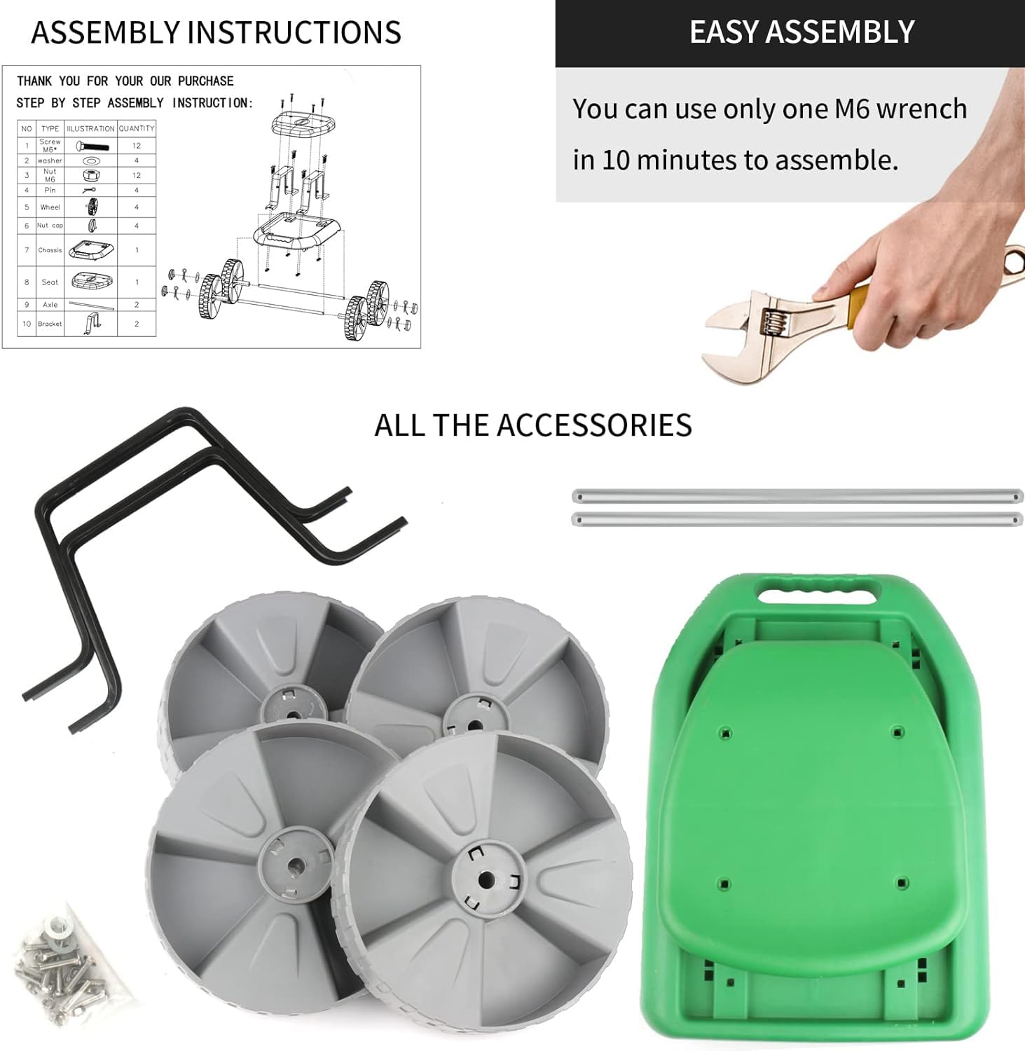 Lightweight Rolling Garden Stool with Wheels - Adjustable Gardening Scooter Seat with Tool Tray & Comfortable Foam Kneeler Pad | Perfect for Outdoor Planting, Weeding & Yard Work Supplies